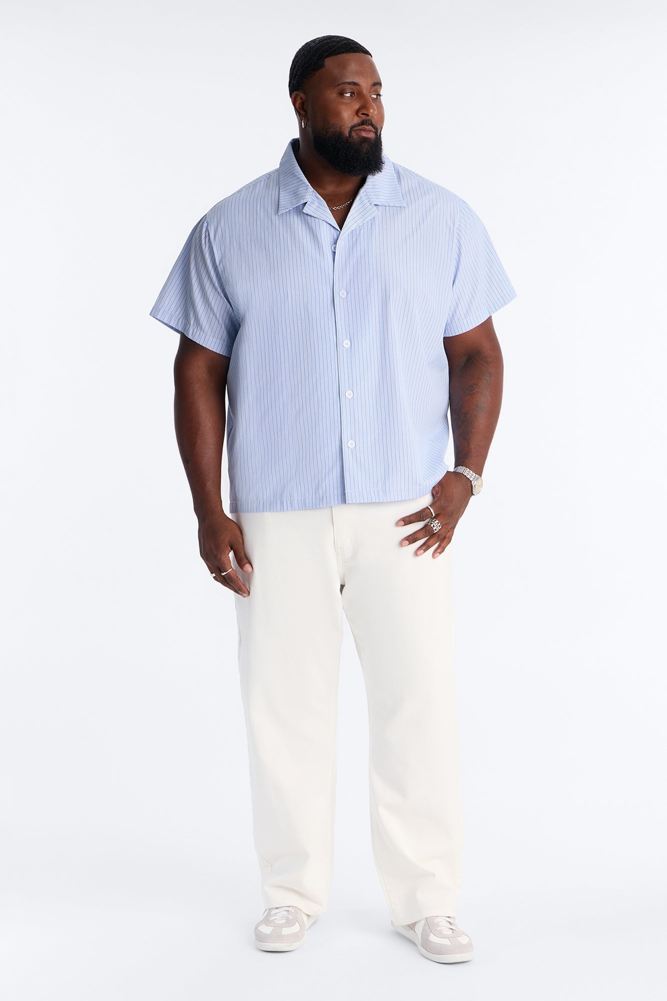 Nocturnal Stripe Cuban Collar Button Up Shirt - Blue/combo image 2