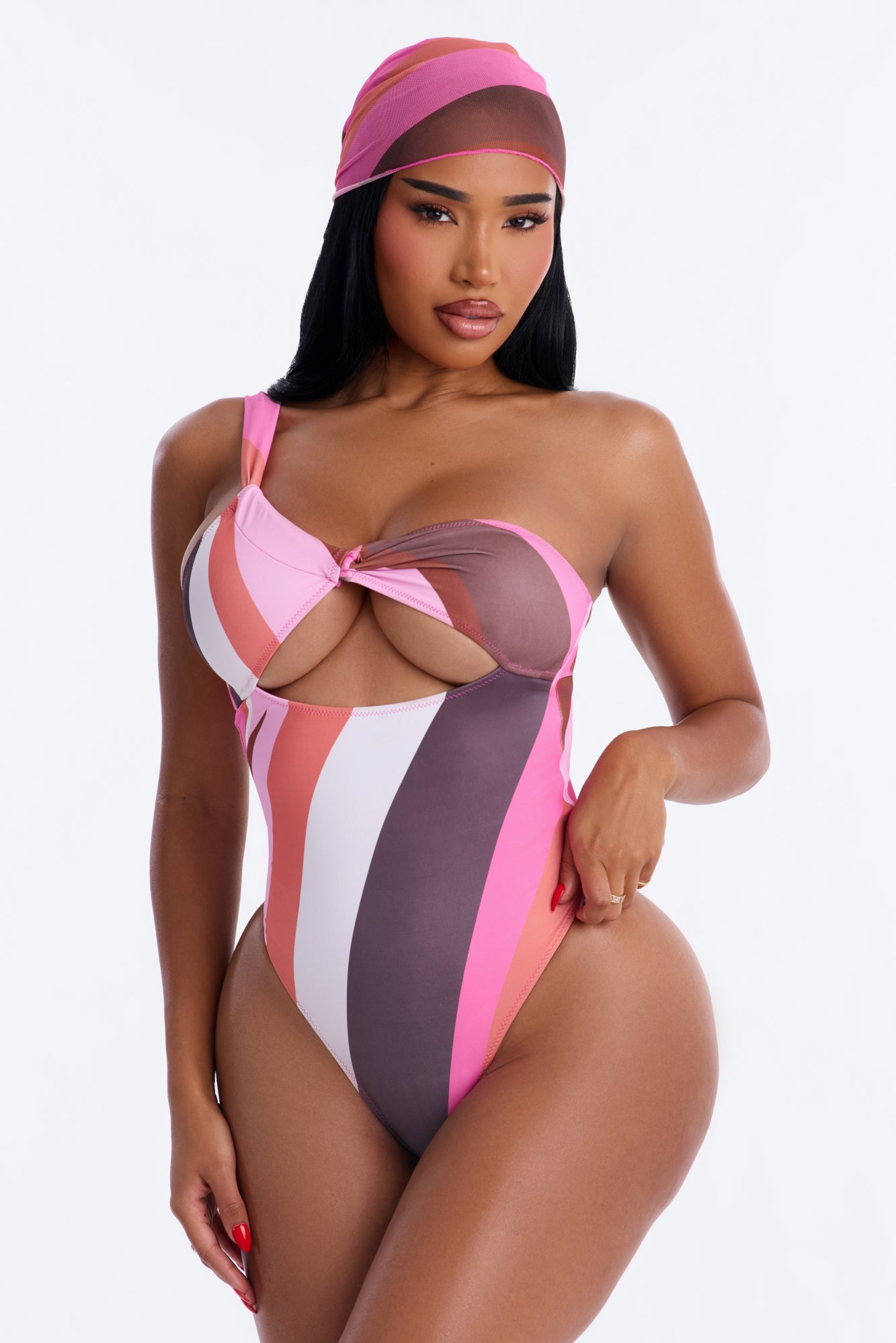 Mari Striped 1 Piece One Shoulder Swimsuit & Head Wrap Set - Pink/combo image 4