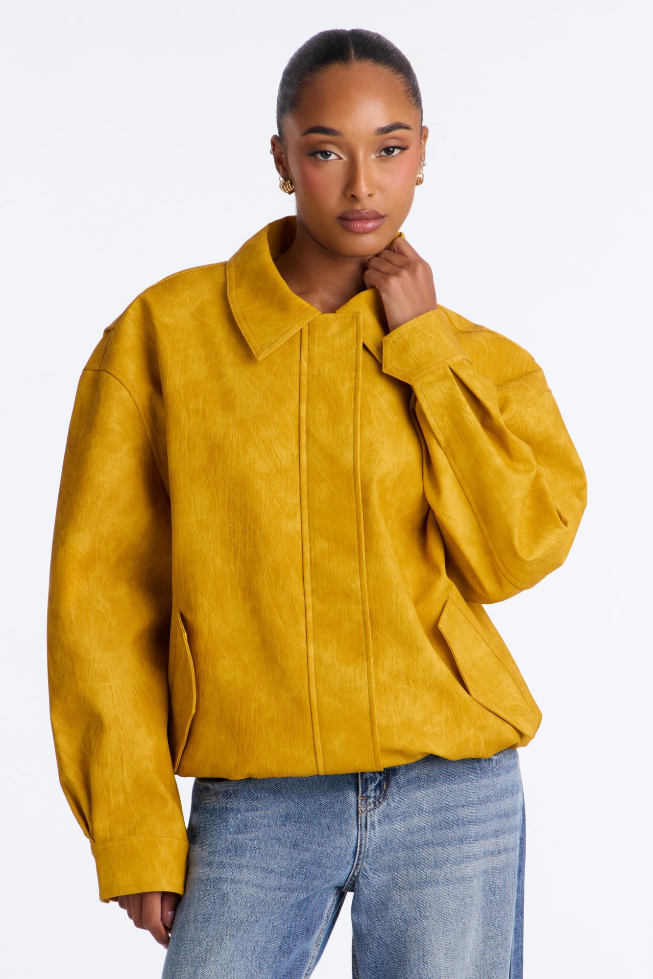 Alexis Washed Faux Leather Bomber Jacket - Mustard image 6
