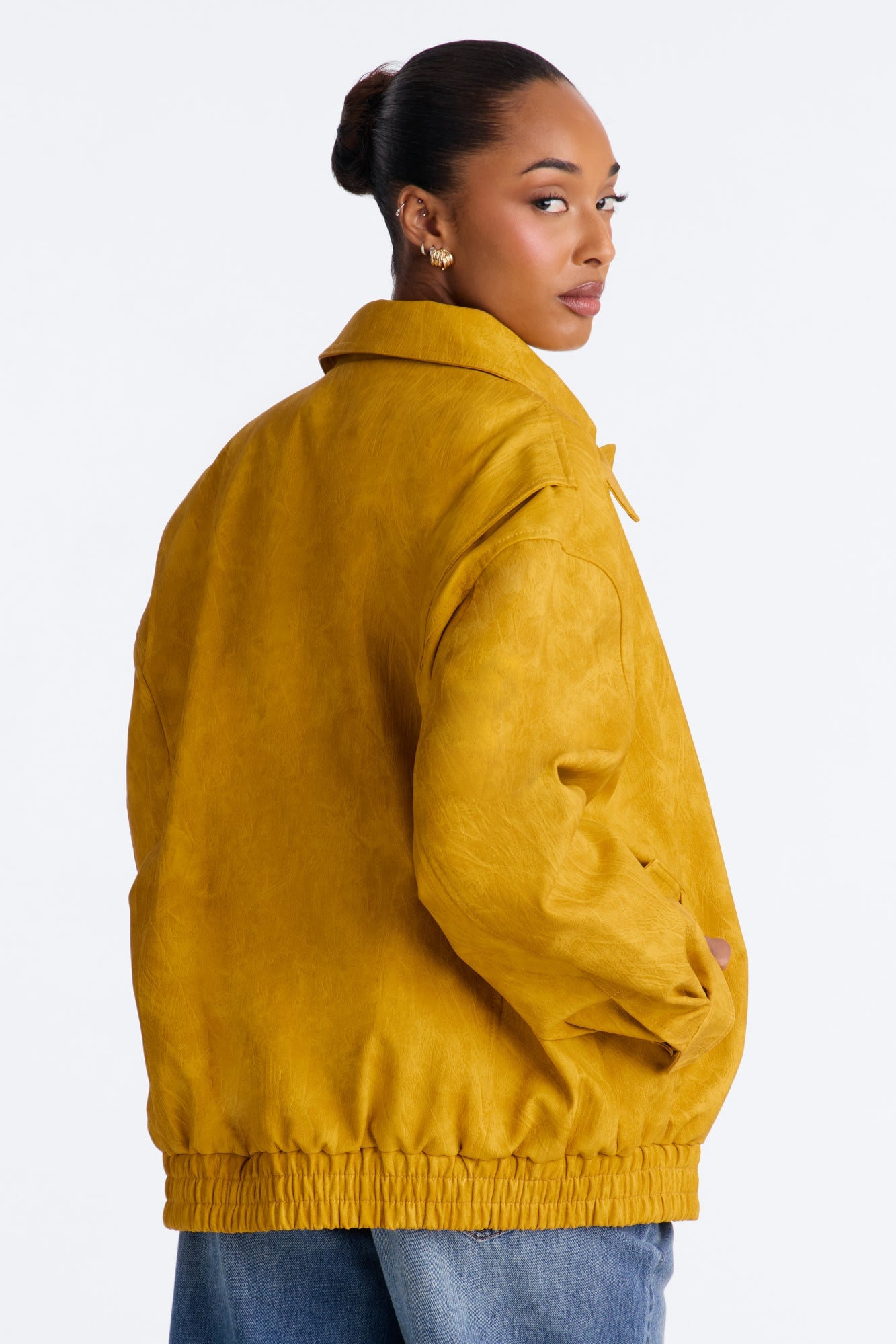 Alexis Washed Faux Leather Bomber Jacket - Mustard image 8