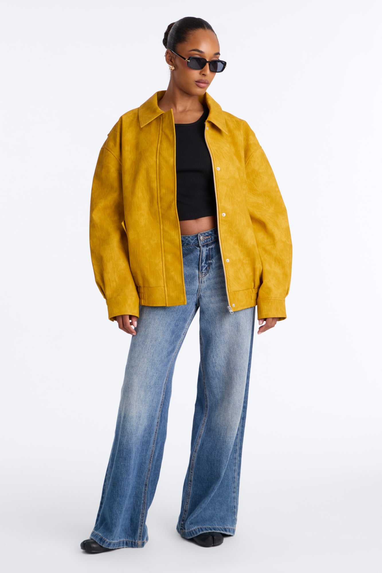 Alexis Washed Faux Leather Bomber Jacket - Mustard image 5
