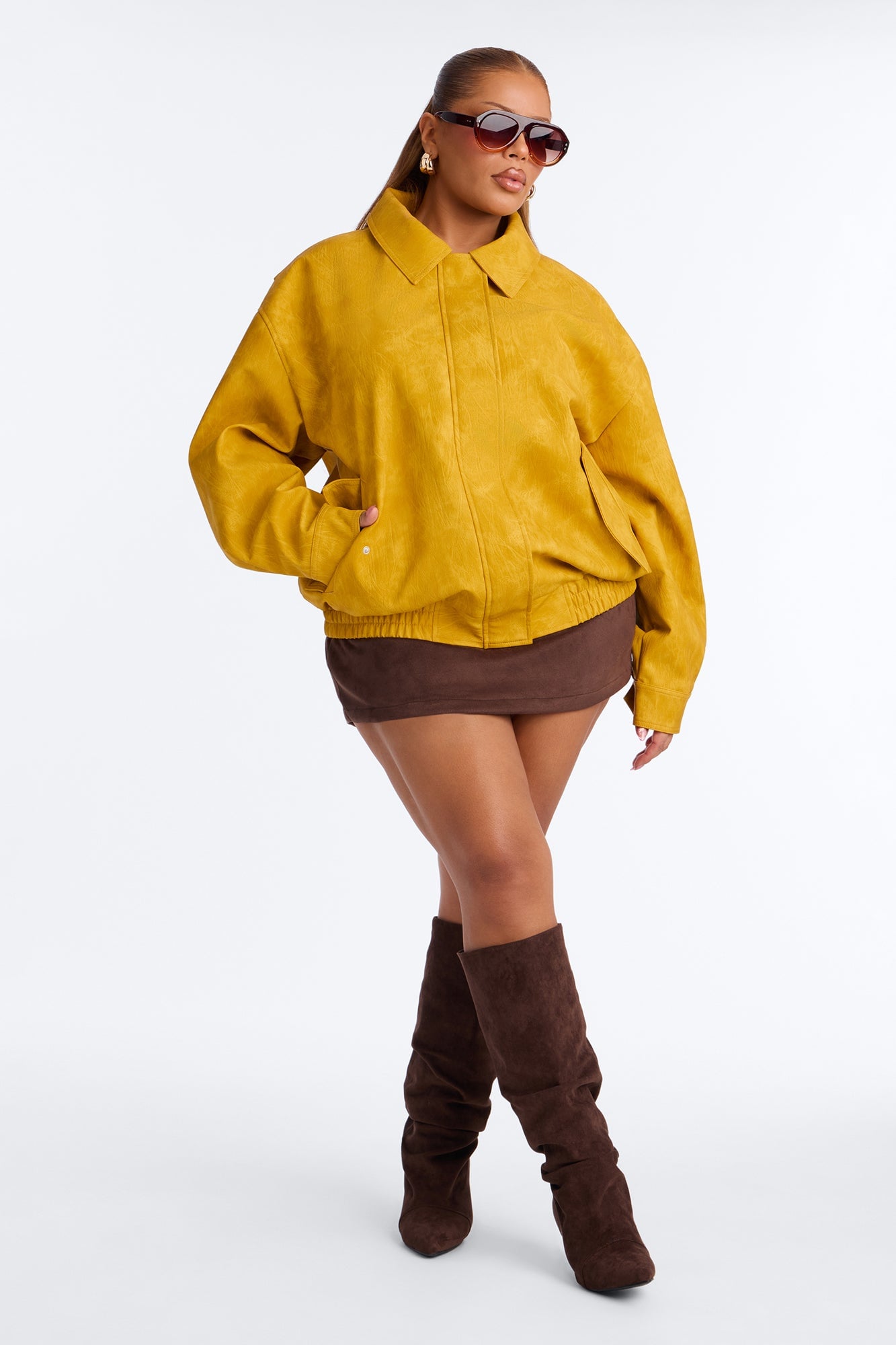 Alexis Washed Faux Leather Bomber Jacket - Mustard image 2