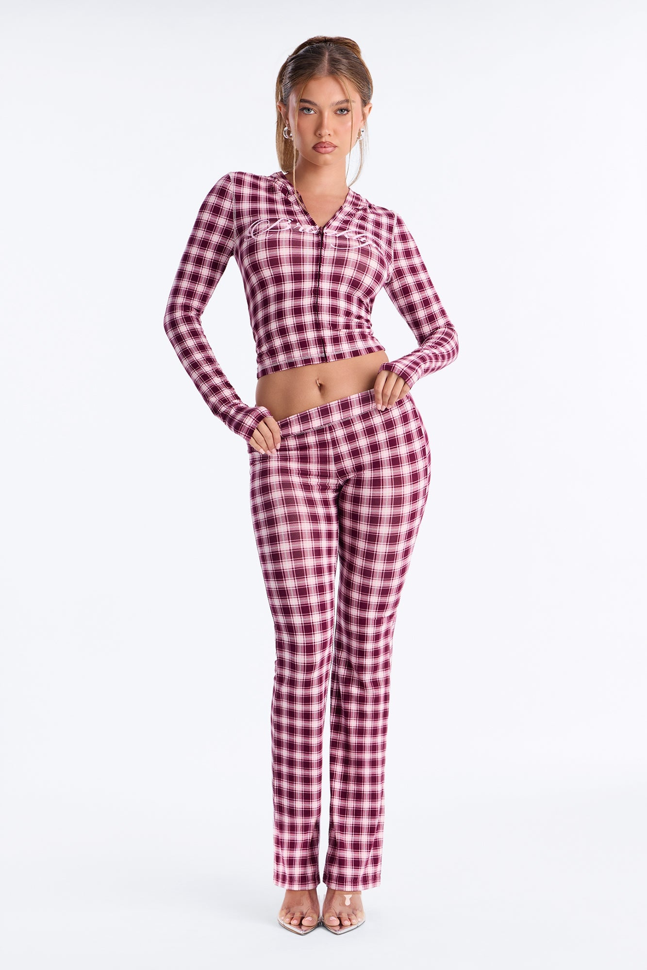 Brooklyn Plaid Zip Up Pant Set - Burgundy/combo image 5