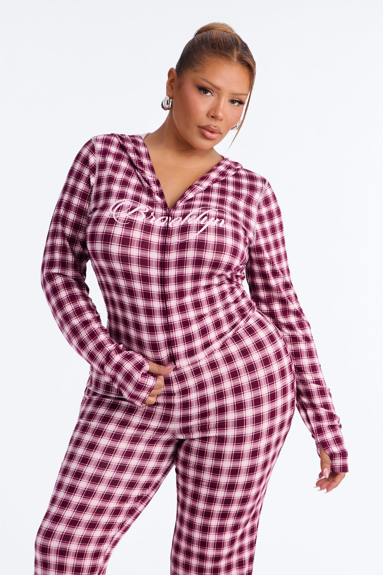 Brooklyn Plaid Zip Up Pant Set - Burgundy/combo image 2