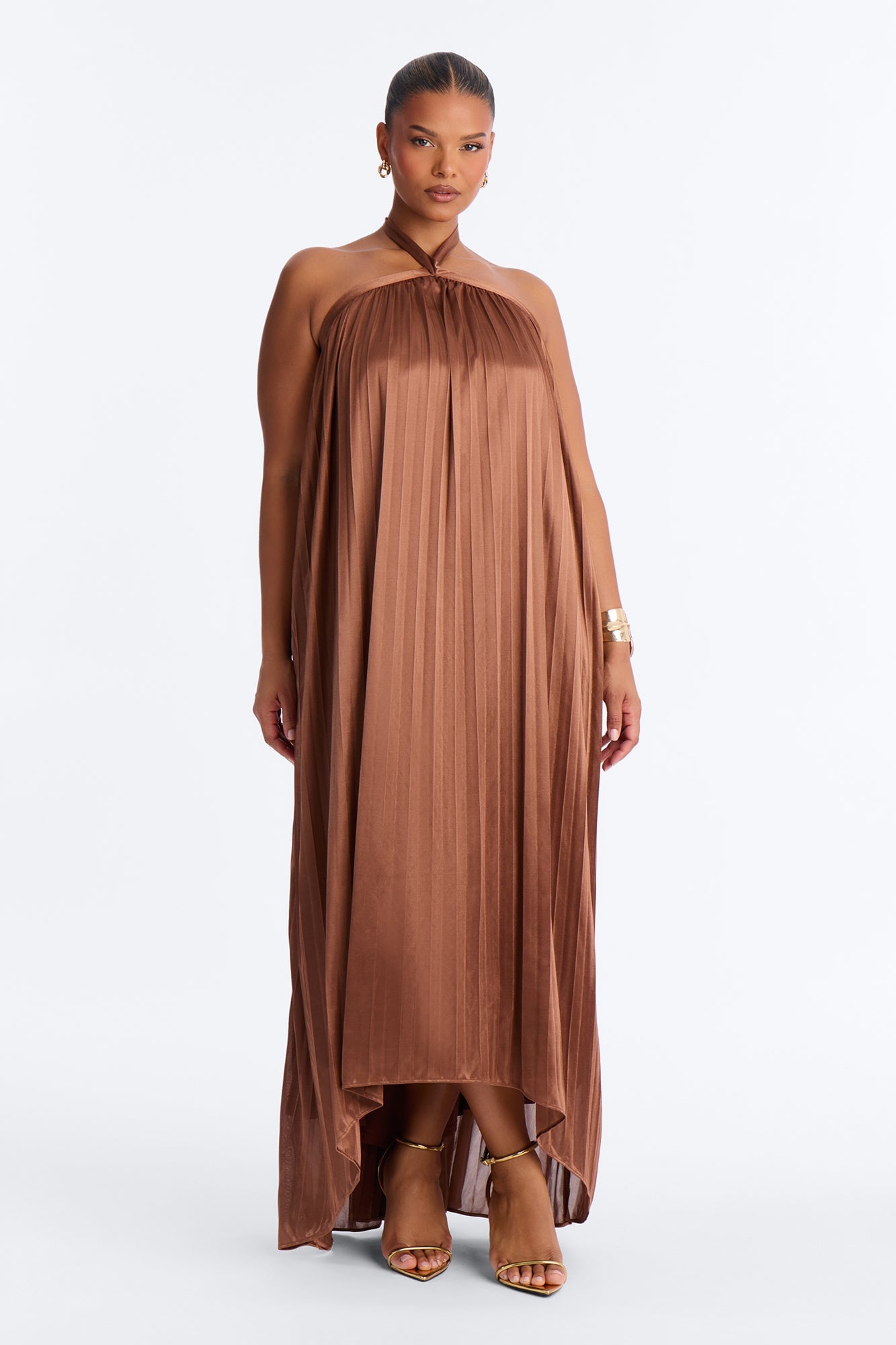 Monique Backless Pleated Satin Maxi Dress - Bronze image 1
