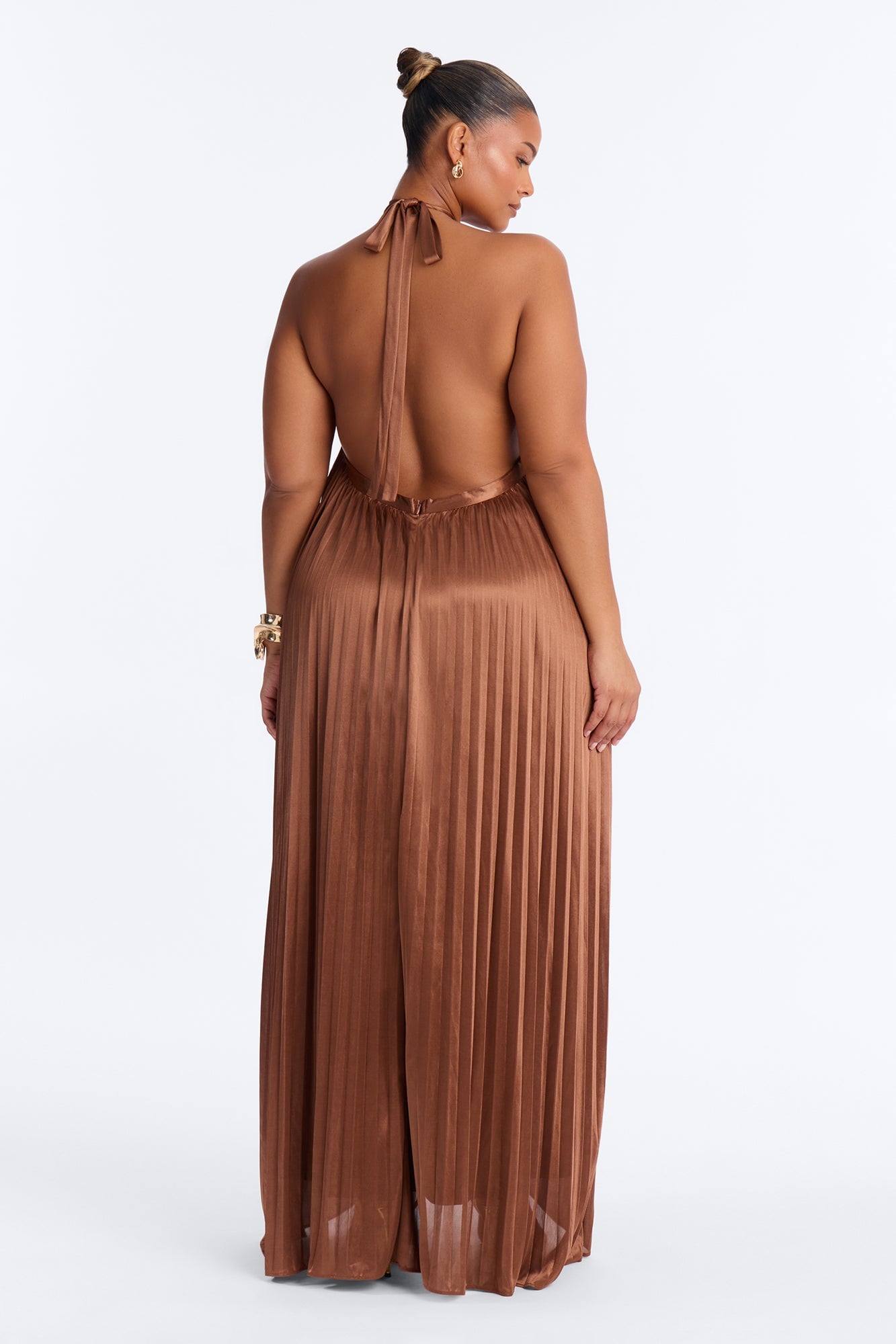 Monique Backless Pleated Satin Maxi Dress - Bronze image 4
