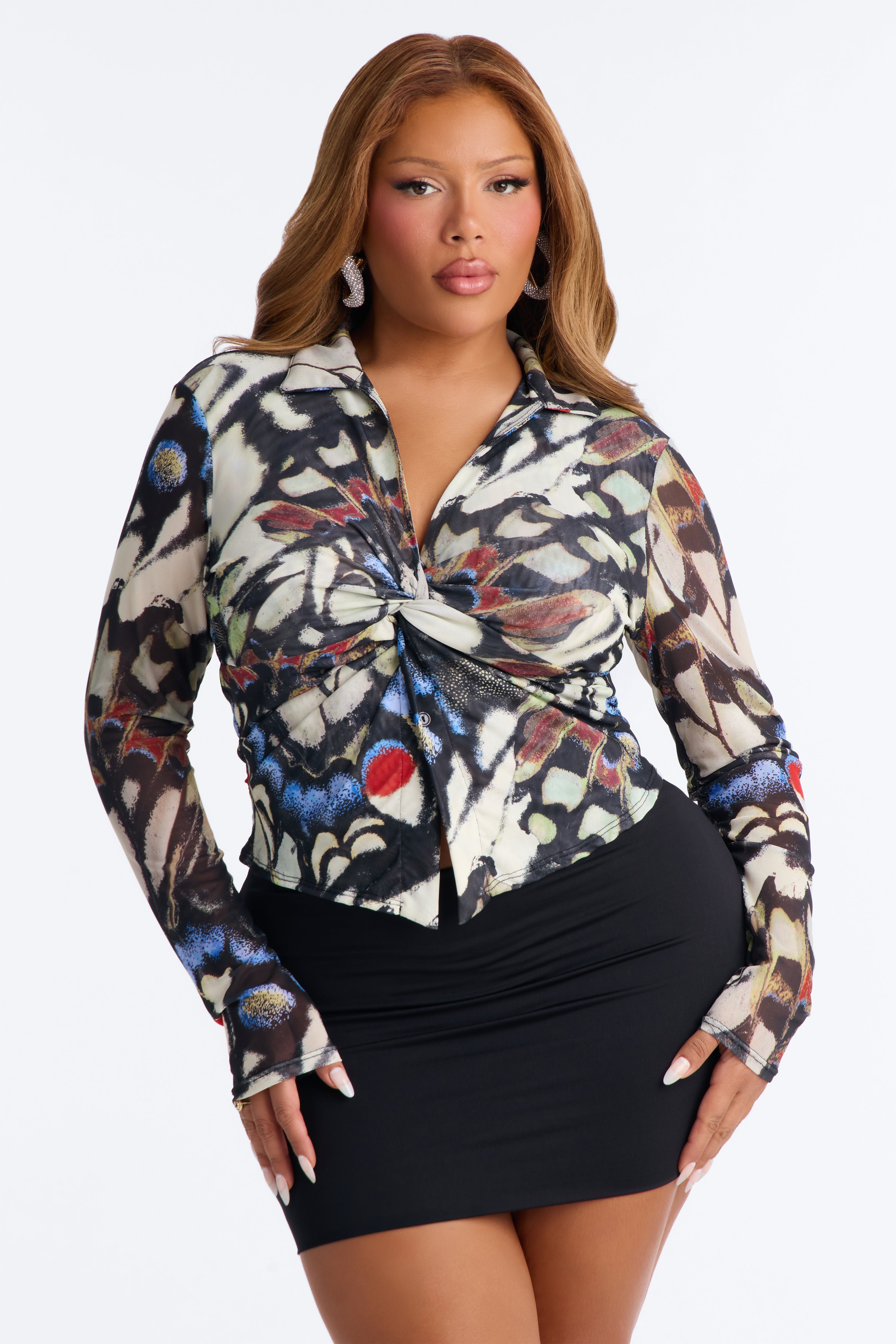 Alondra Abstract Mesh Long Sleeve Shirt - Black/combo image 2