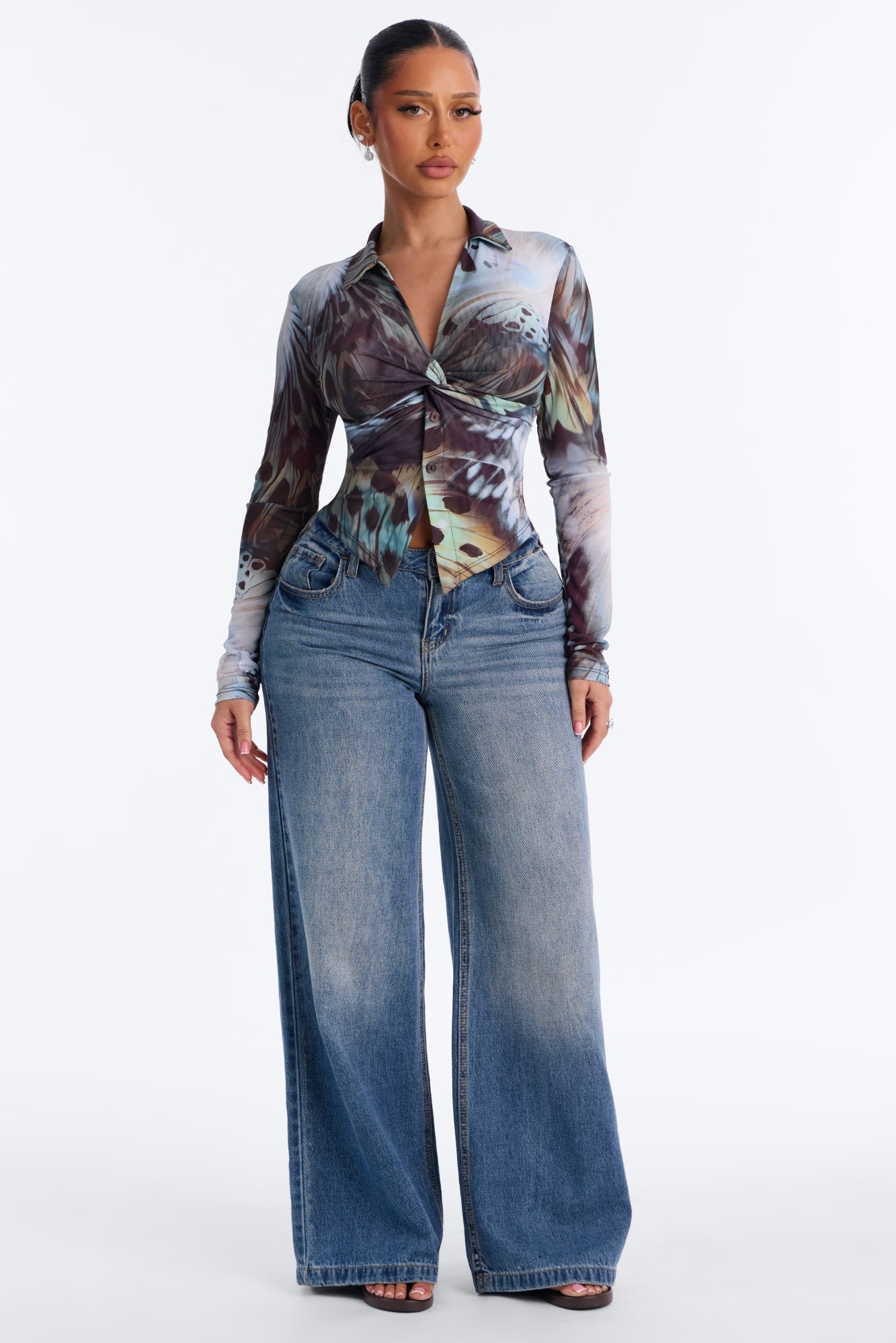 Alondra Abstract Mesh Long Sleeve Shirt - Blue/combo image 2
