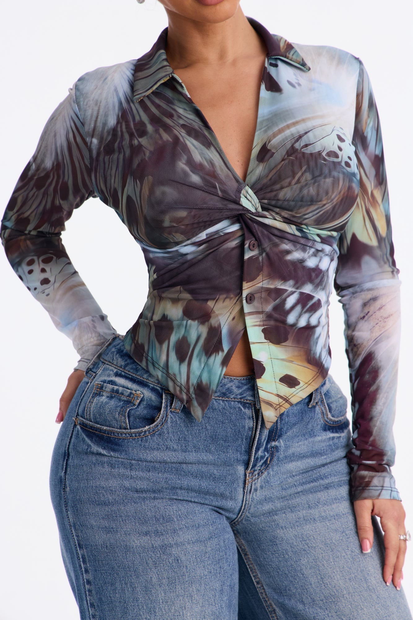 Alondra Abstract Mesh Long Sleeve Shirt - Blue/combo image 3