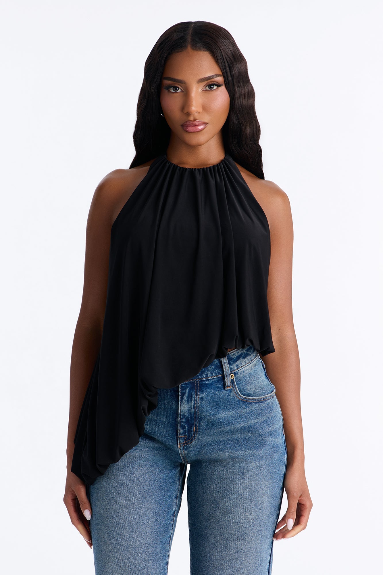 Selena Ruched Asymmetrical Halter Top - Black image 5