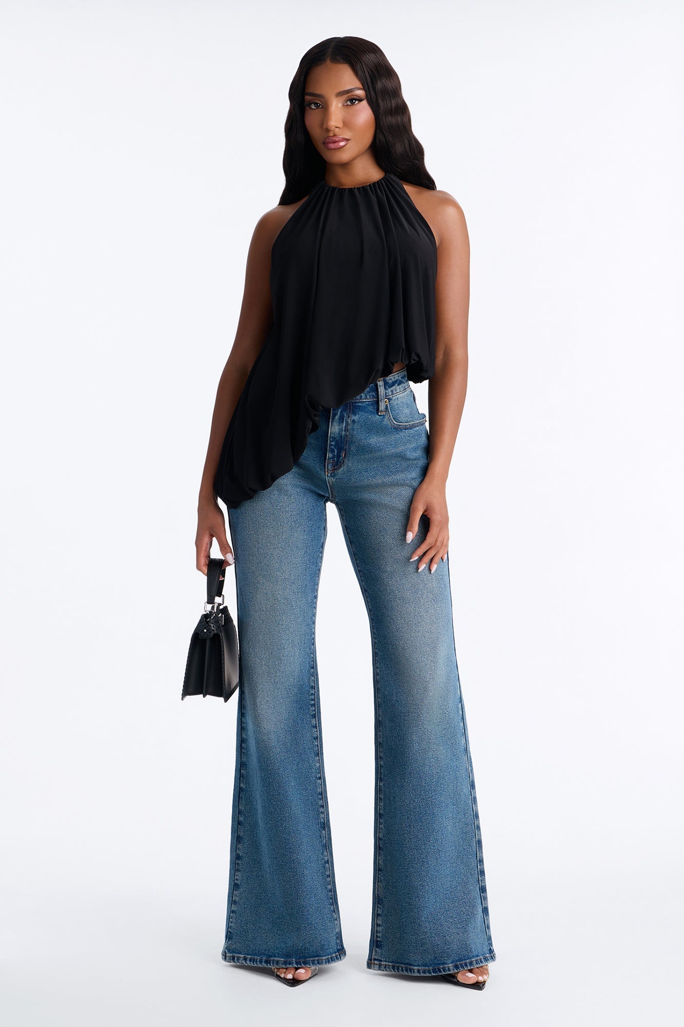 Selena Ruched Asymmetrical Halter Top - Black image 6