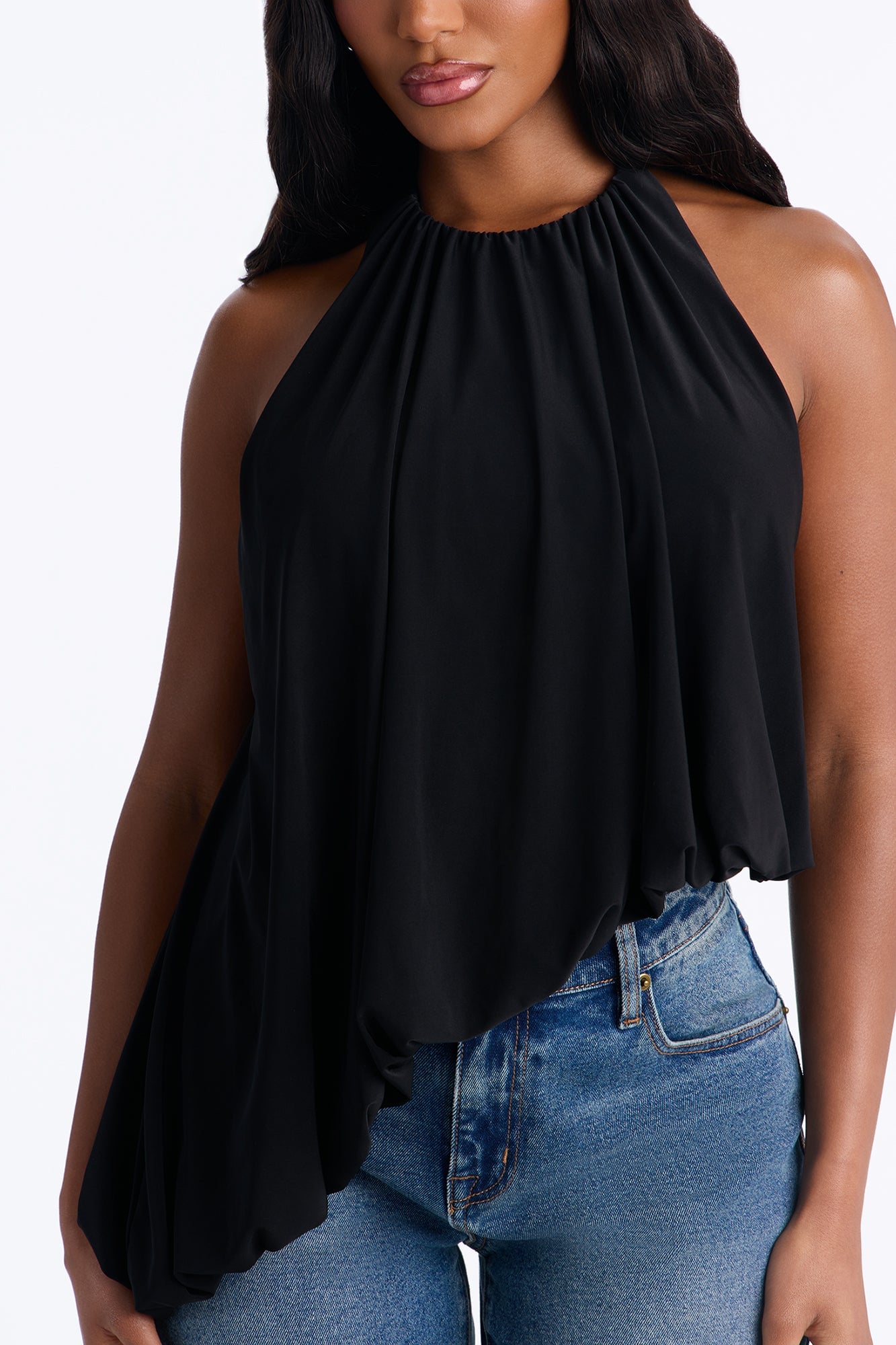 Selena Ruched Asymmetrical Halter Top - Black image 7