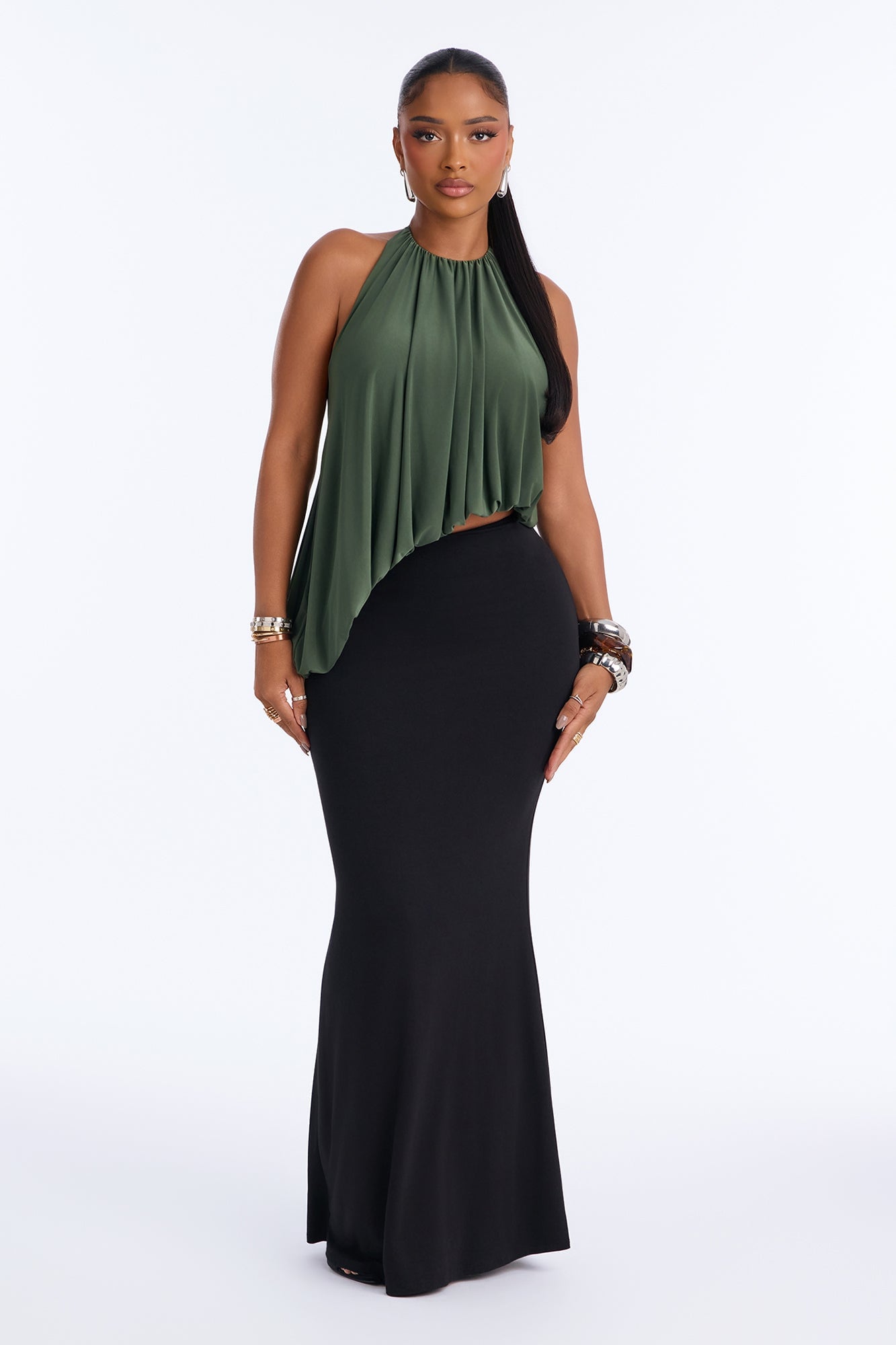 Selena Ruched Asymmetrical Halter Top - Olive image 6