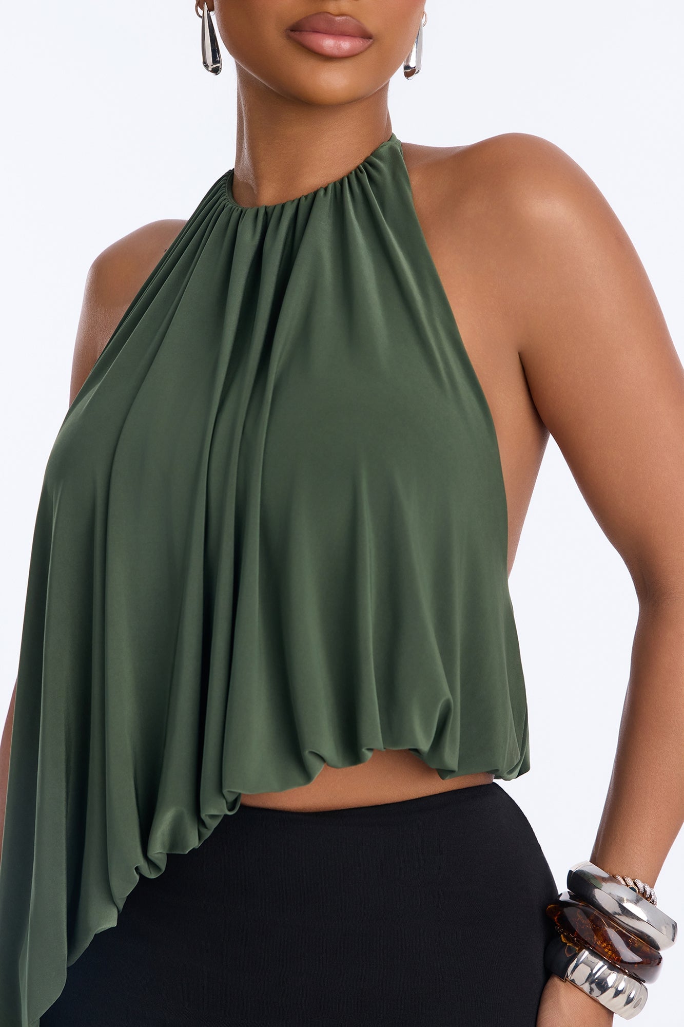 Selena Ruched Asymmetrical Halter Top - Olive image 7