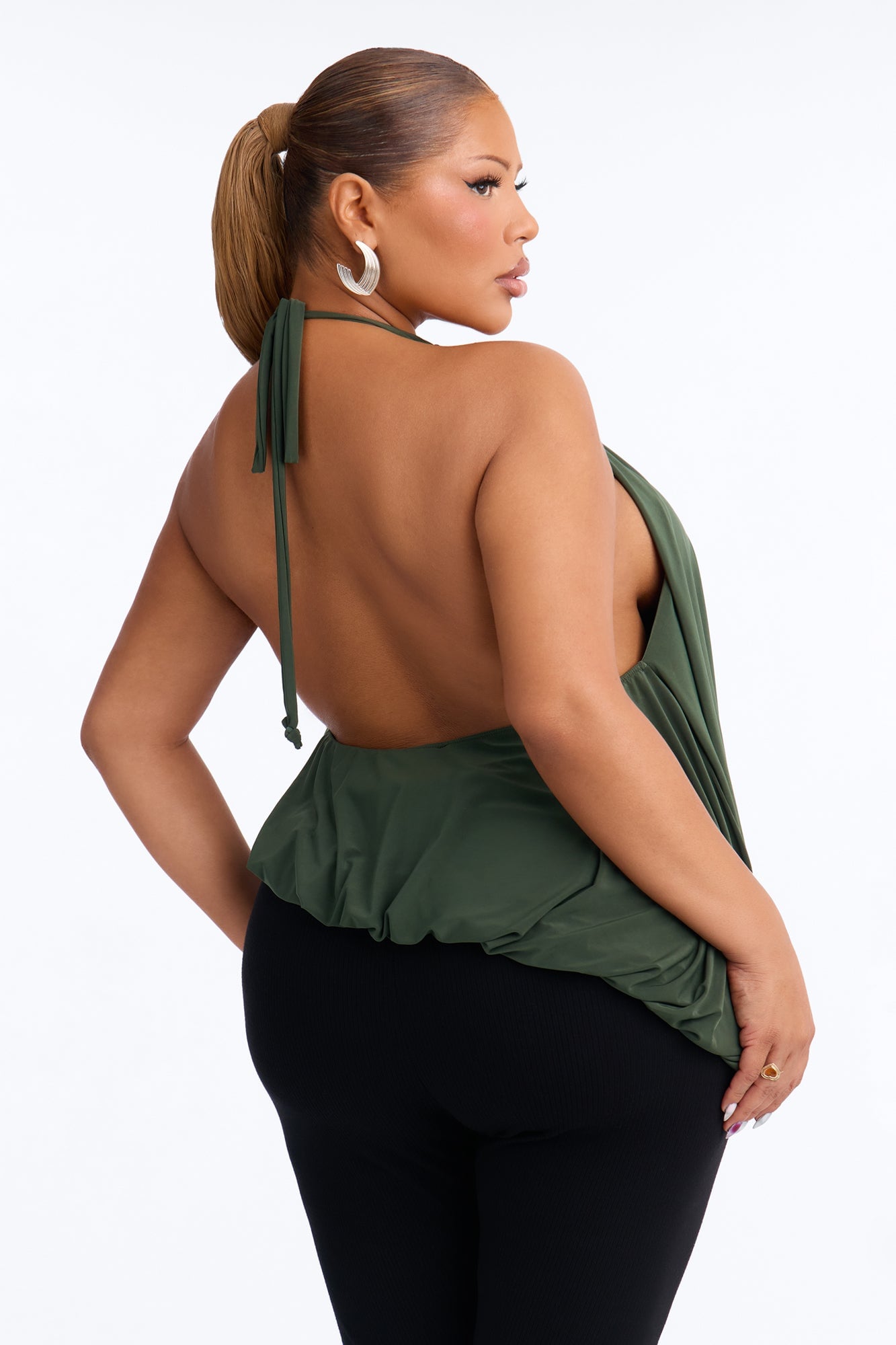 Selena Ruched Asymmetrical Halter Top - Olive image 4