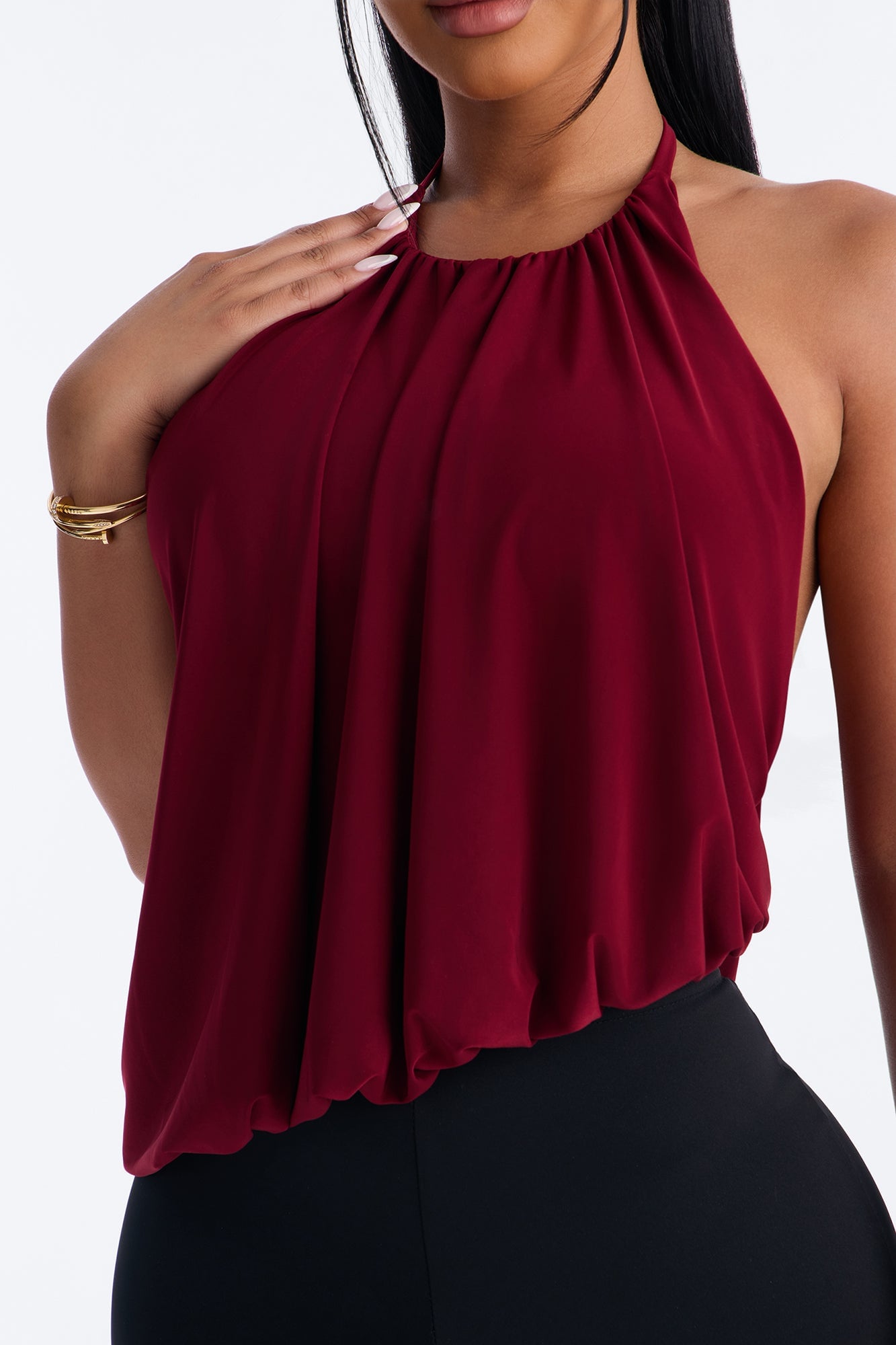 Selena Ruched Asymmetrical Halter Top - Wine image 7