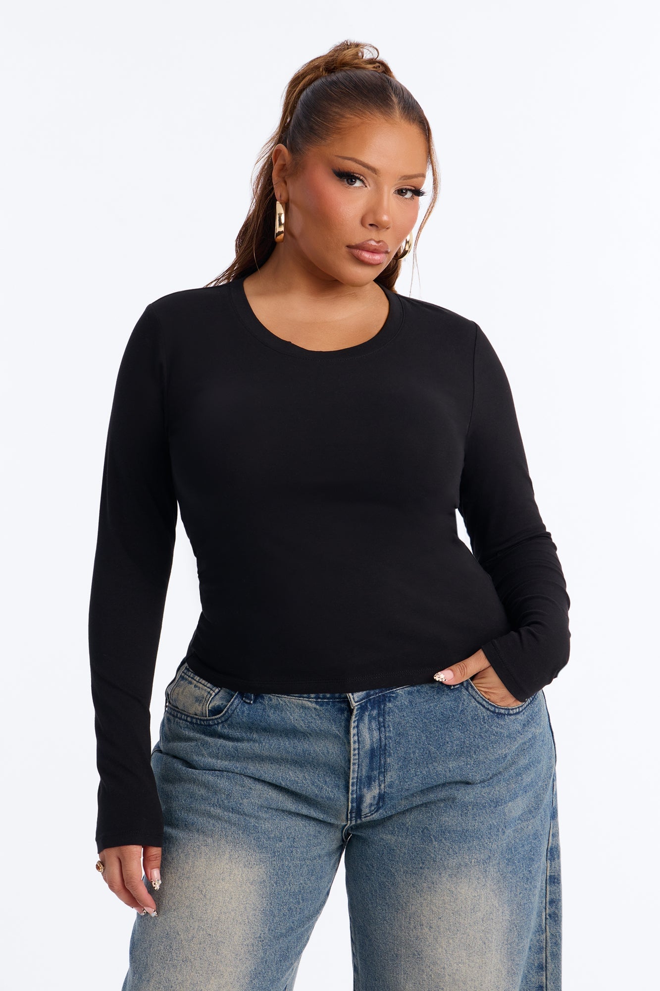 Elise Round Neck Long Sleeve Top - Black image 2