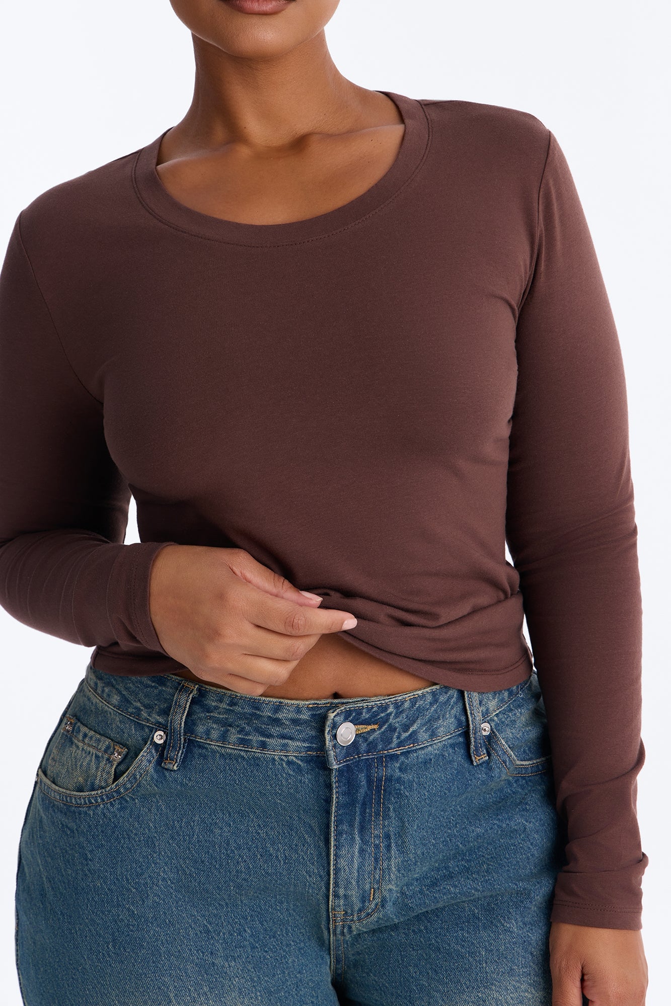 Elise Round Neck Long Sleeve Top - Mocha image 3