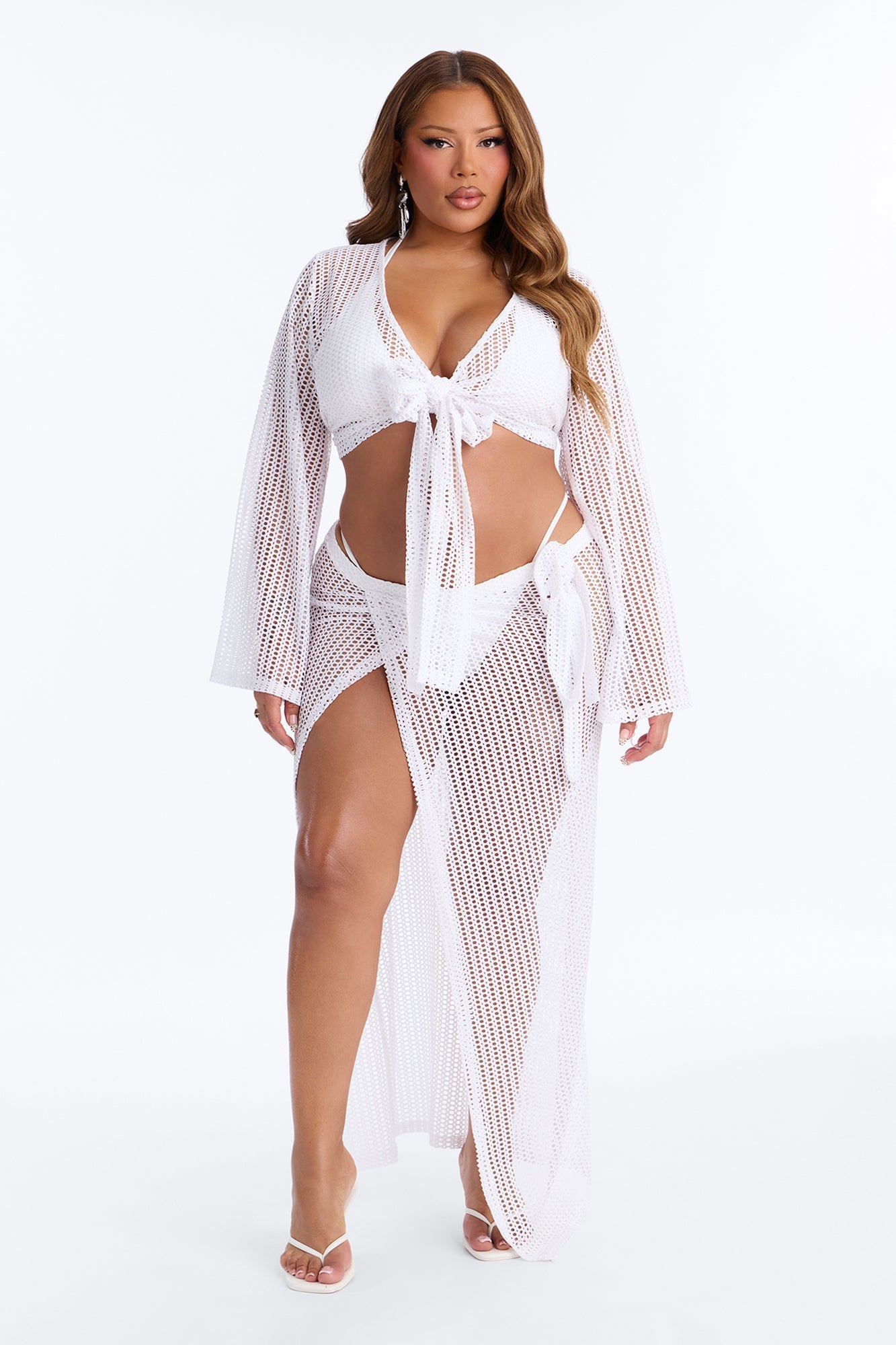 Island Breeze Crochet Fishnet Cover Up Sarong Skirt Set - White image 2