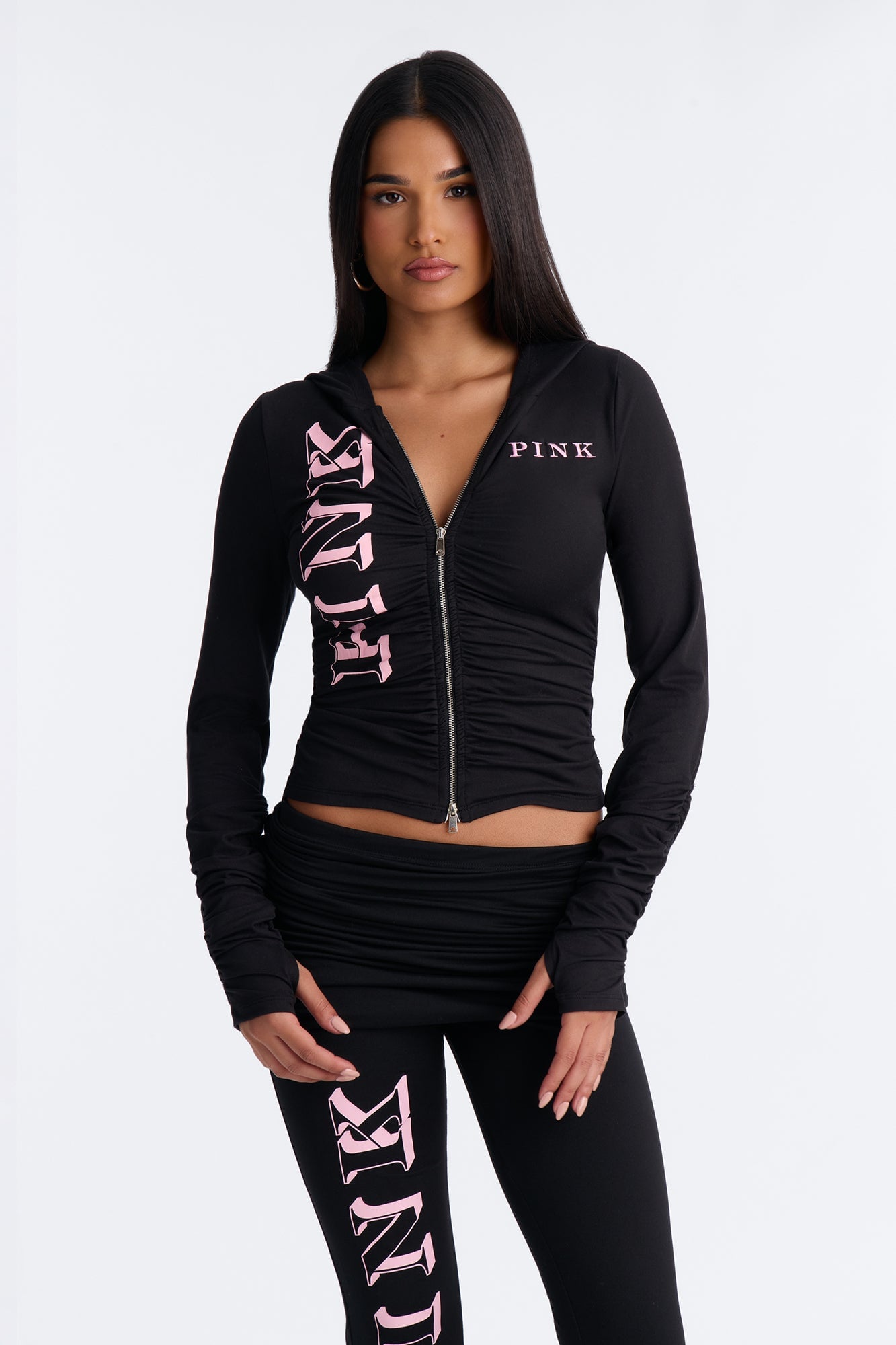 PINK London Ruched Zip-Up Sweatshirt - Black image 6