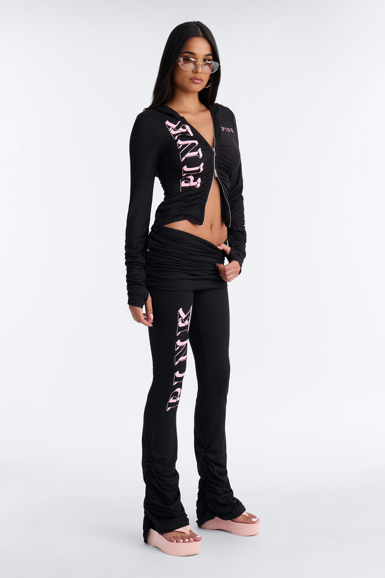 PINK London Ruched Zip-Up Sweatshirt - Black image 7