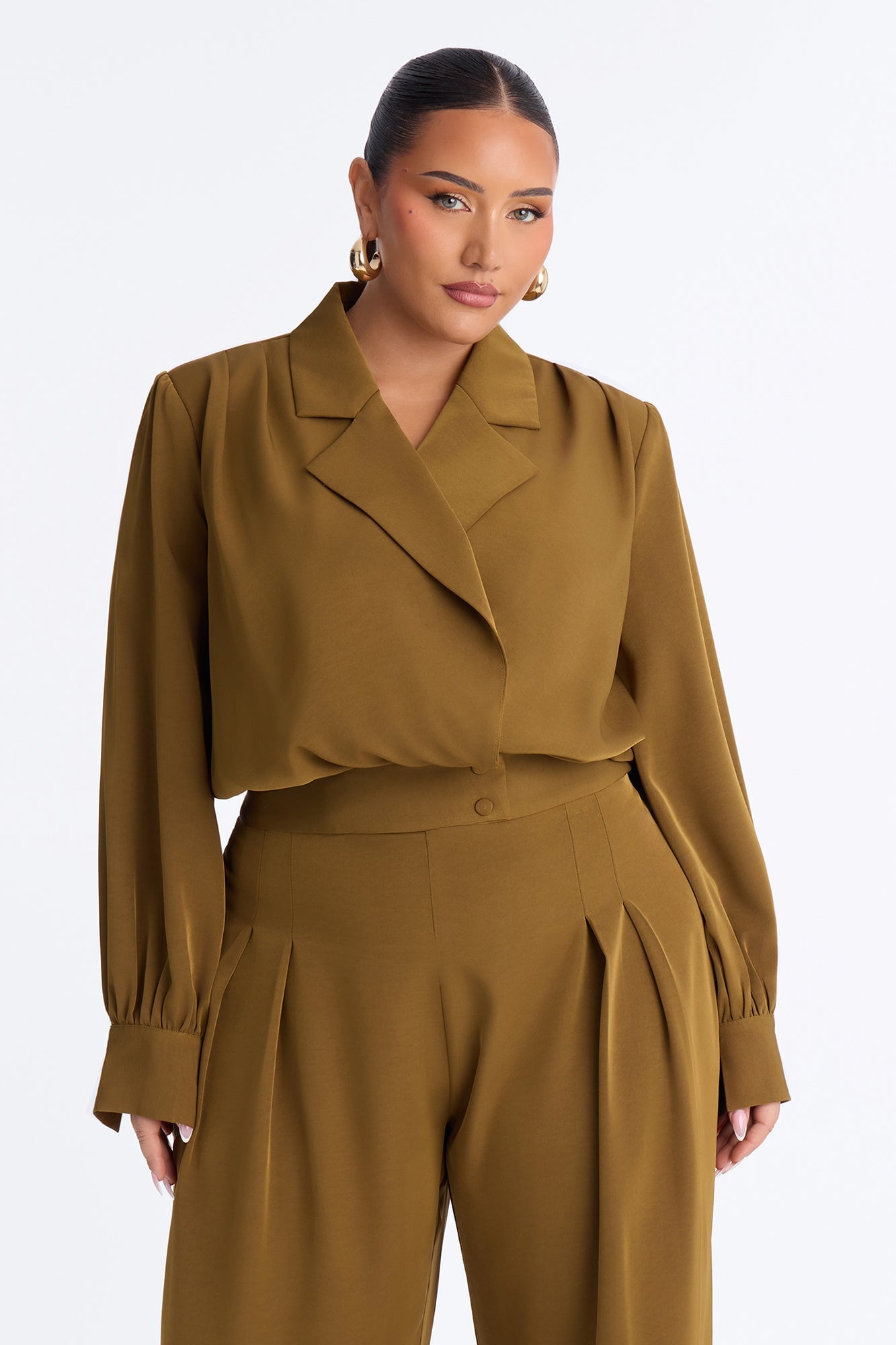 Ozella Pleated Wide Leg Pant Set - Olive image 2