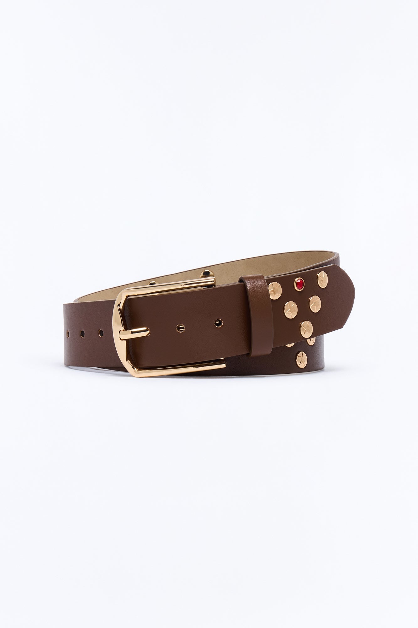 Rockstar Faux Leather Studded Belt - Gold/Brown image 3