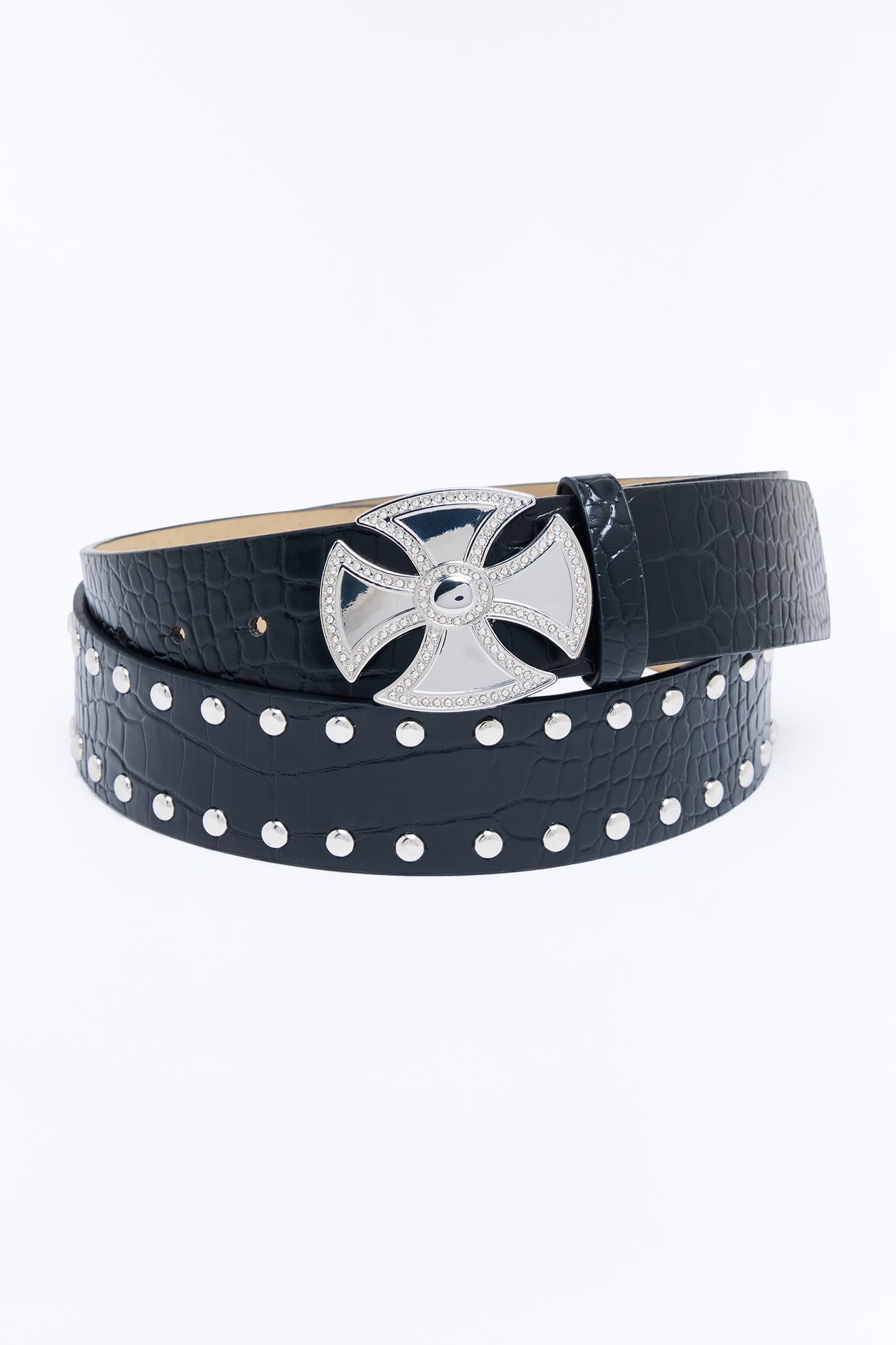 Studded Faux Leather Croc Embossed Belt - Black image 3