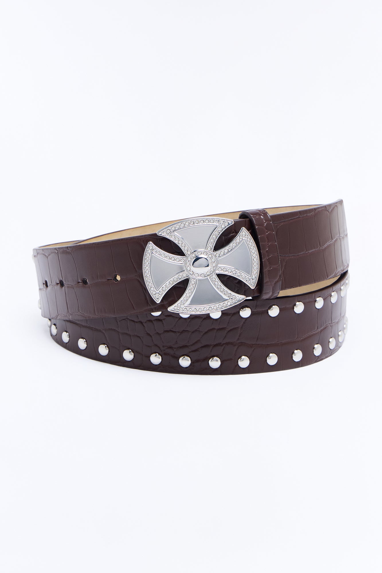 Studded Faux Leather Croc Embossed Belt - Dark Brown image 3