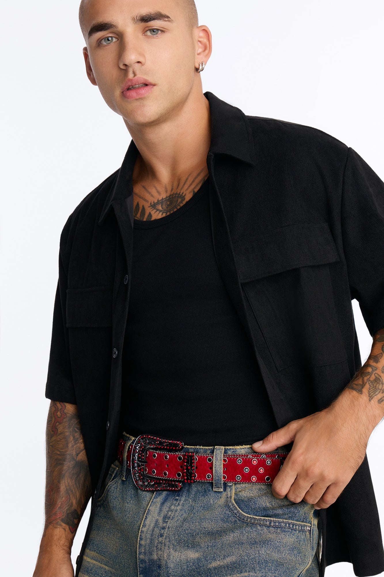 Rhinestone Embellished Faux Pony Hair Western Buckle Belt - Red image 2