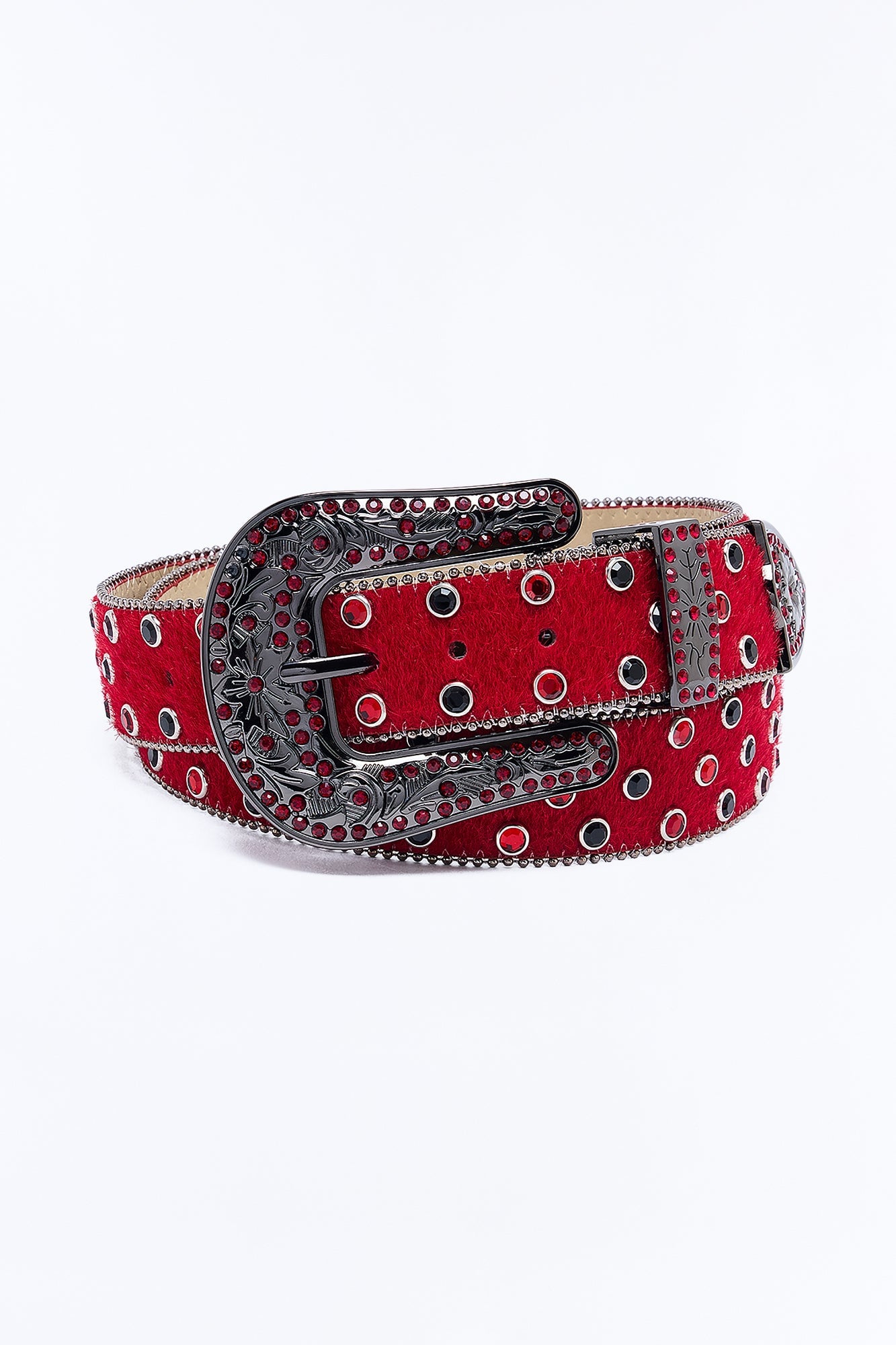Rhinestone Embellished Faux Pony Hair Western Buckle Belt - Red image 3
