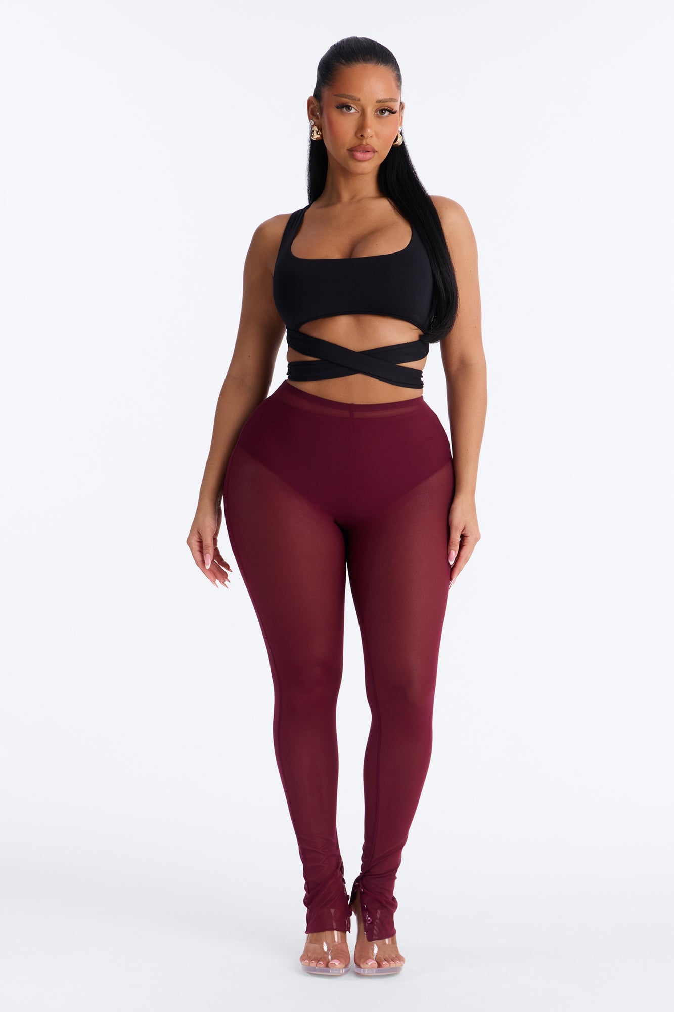 Power Mesh High Waisted Leggings - Wine image 6