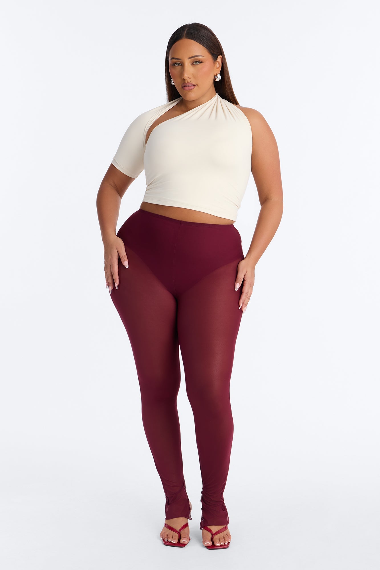 Power Mesh High Waisted Leggings - Wine image 1