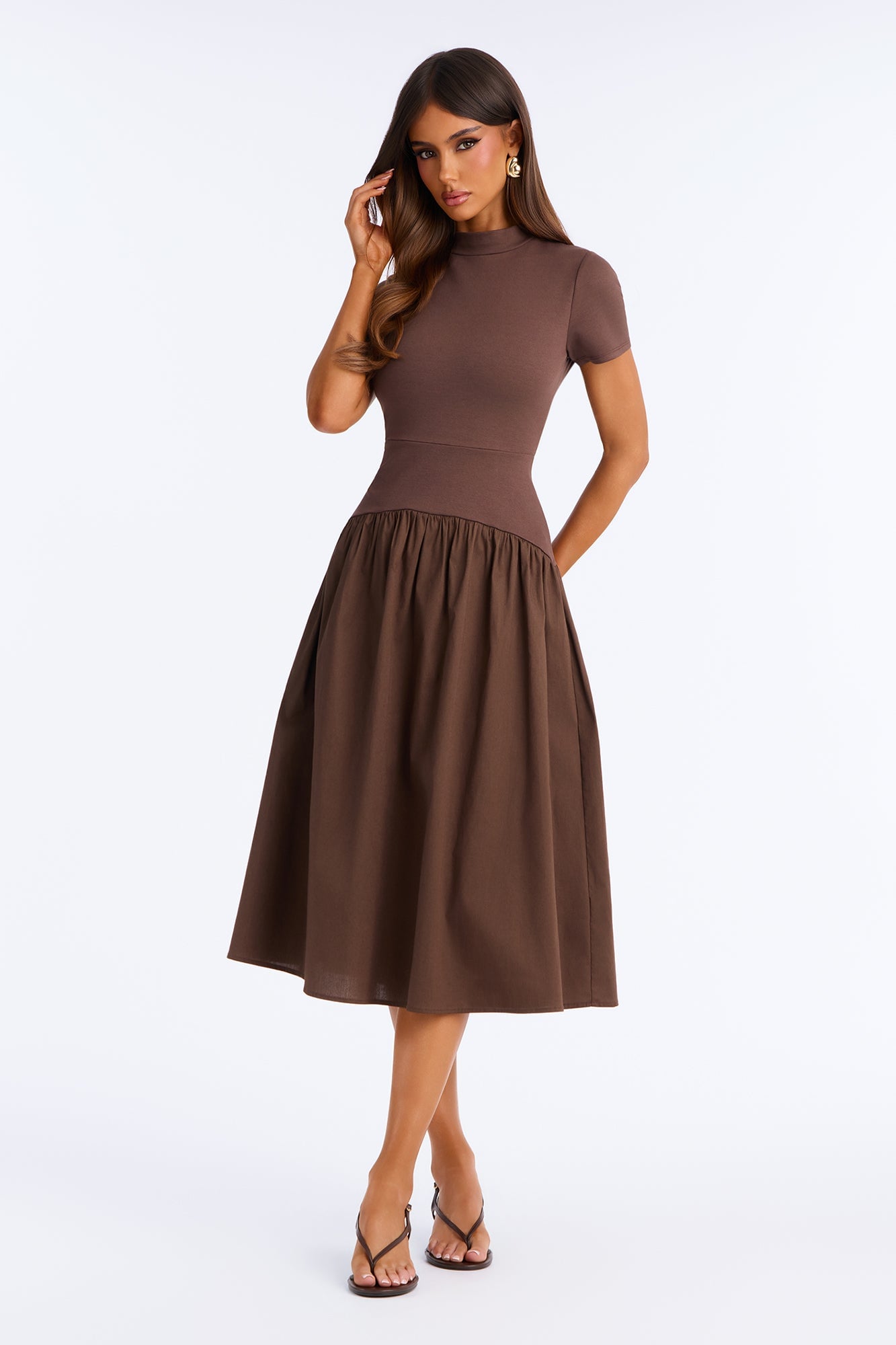 Kennedy Short Sleeve Drop Waist Midi Dress - Brown image 5