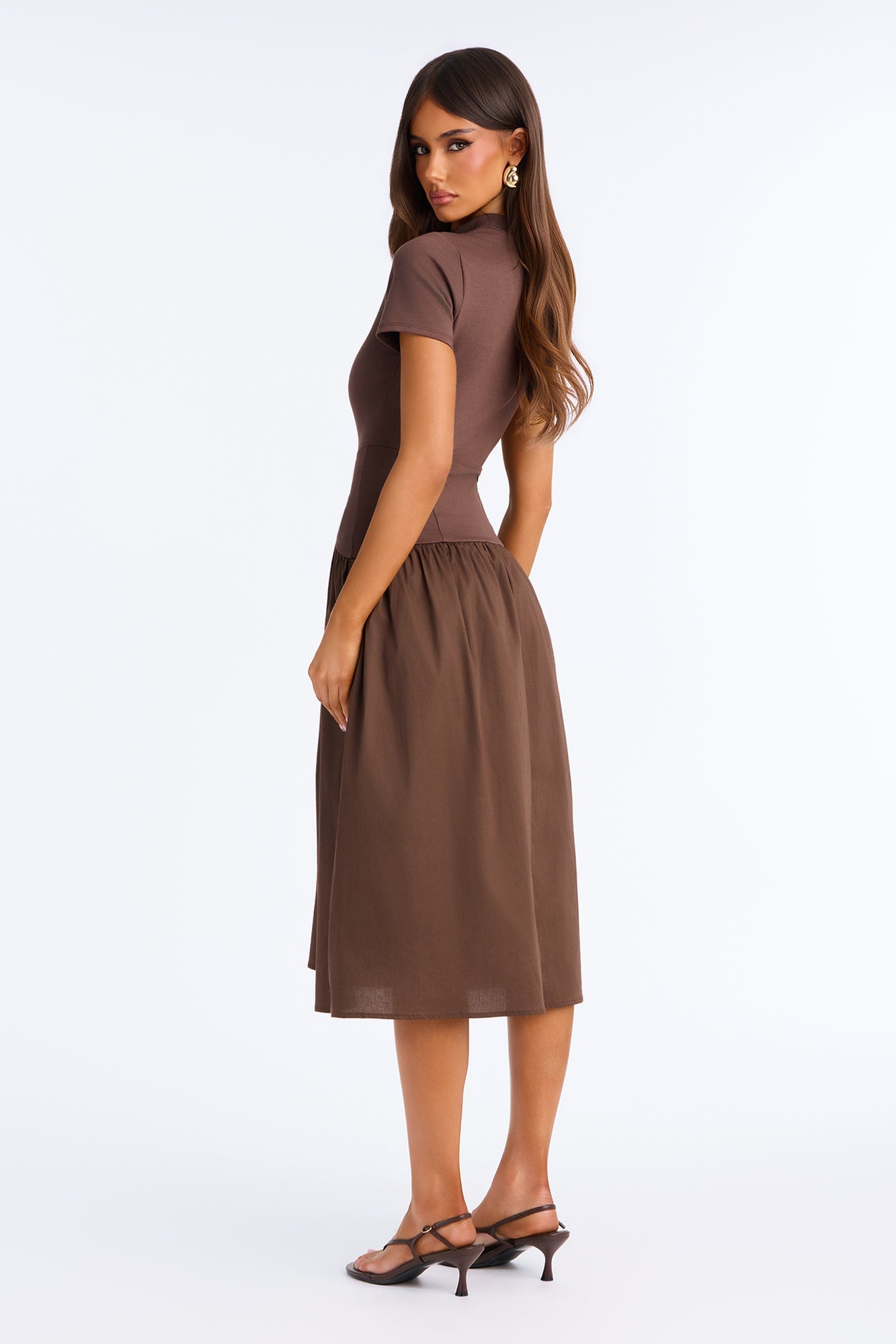 Kennedy Short Sleeve Drop Waist Midi Dress - Brown image 7