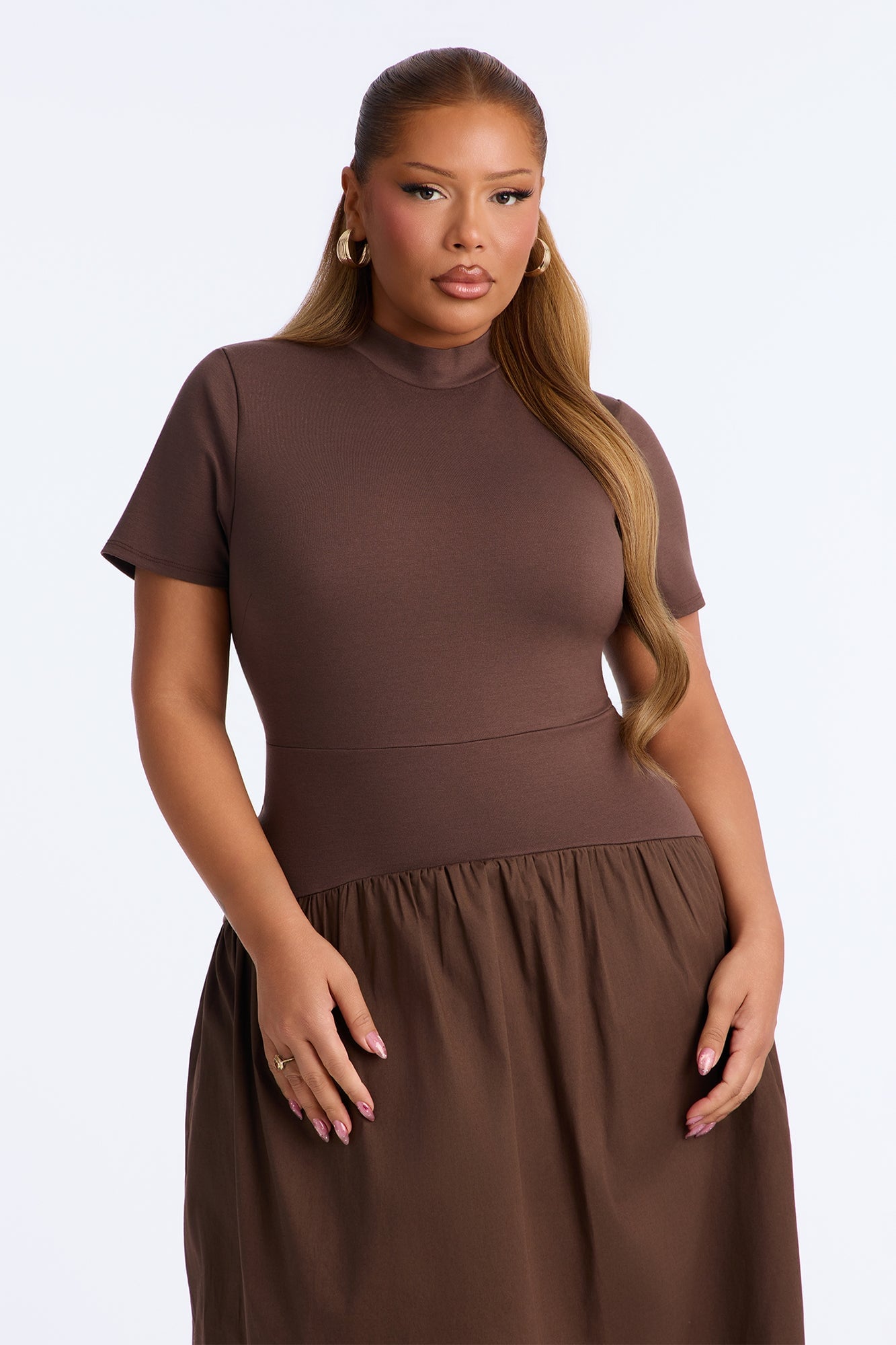 Kennedy Short Sleeve Drop Waist Midi Dress - Brown image 2