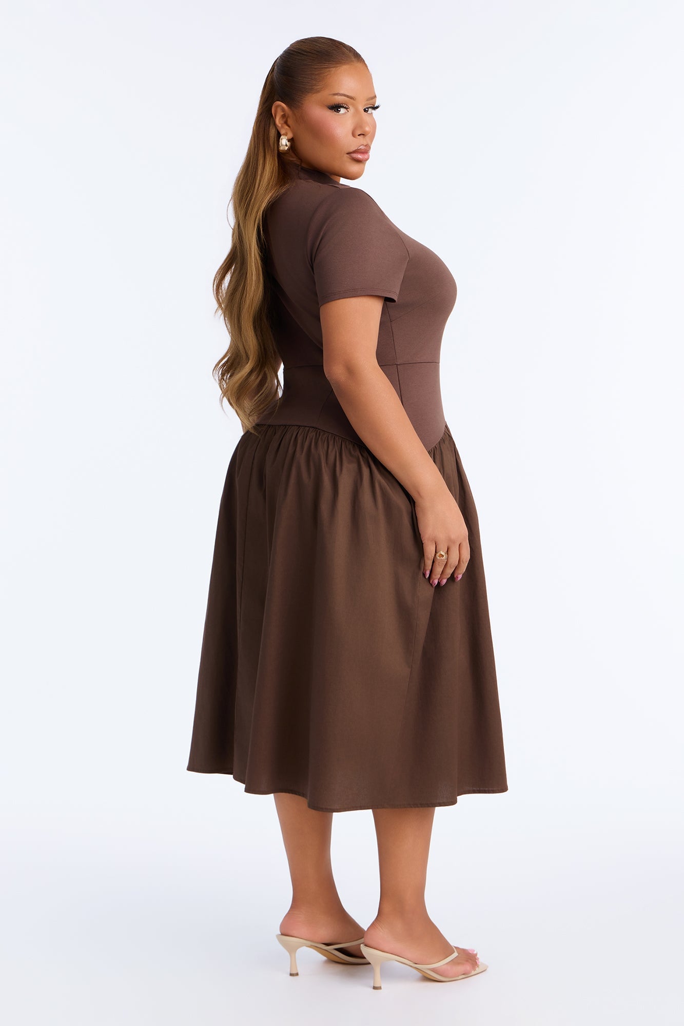 Kennedy Short Sleeve Drop Waist Midi Dress - Brown image 3