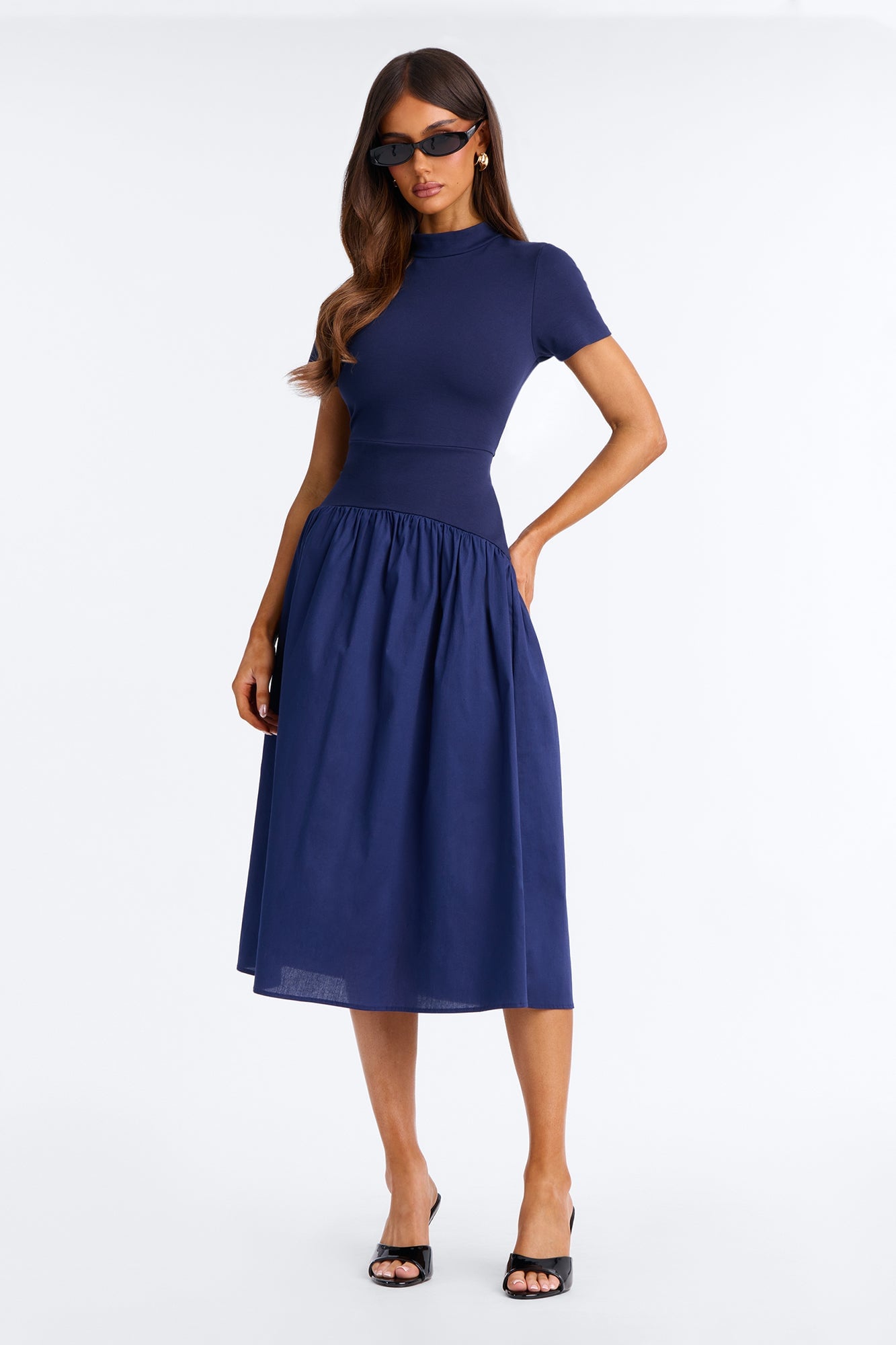 Kennedy Short Sleeve Drop Waist Midi Dress - Navy image 5