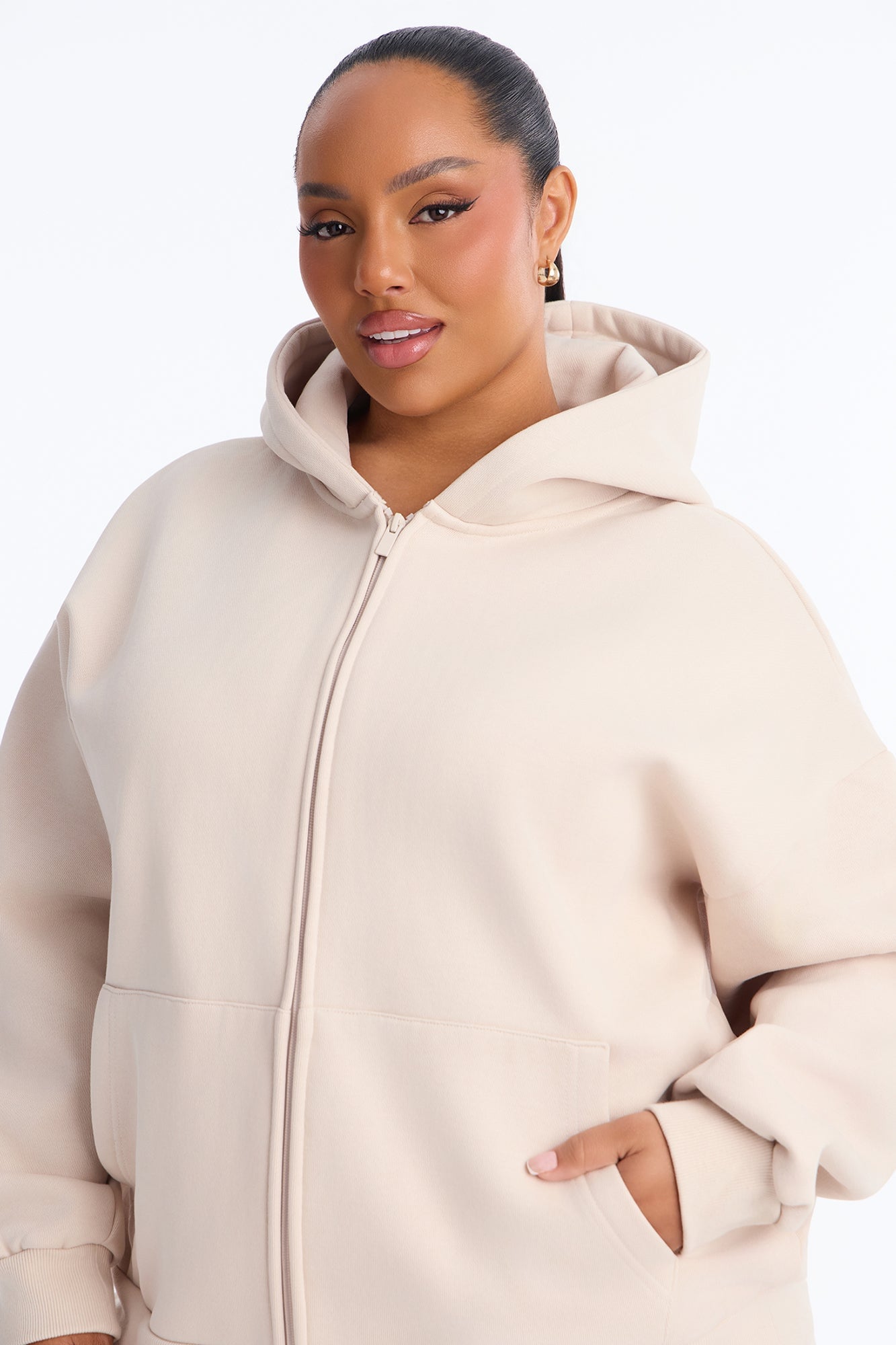 Libby Full Zip Hoodie Fleece Sweatshirt - Cream image 3