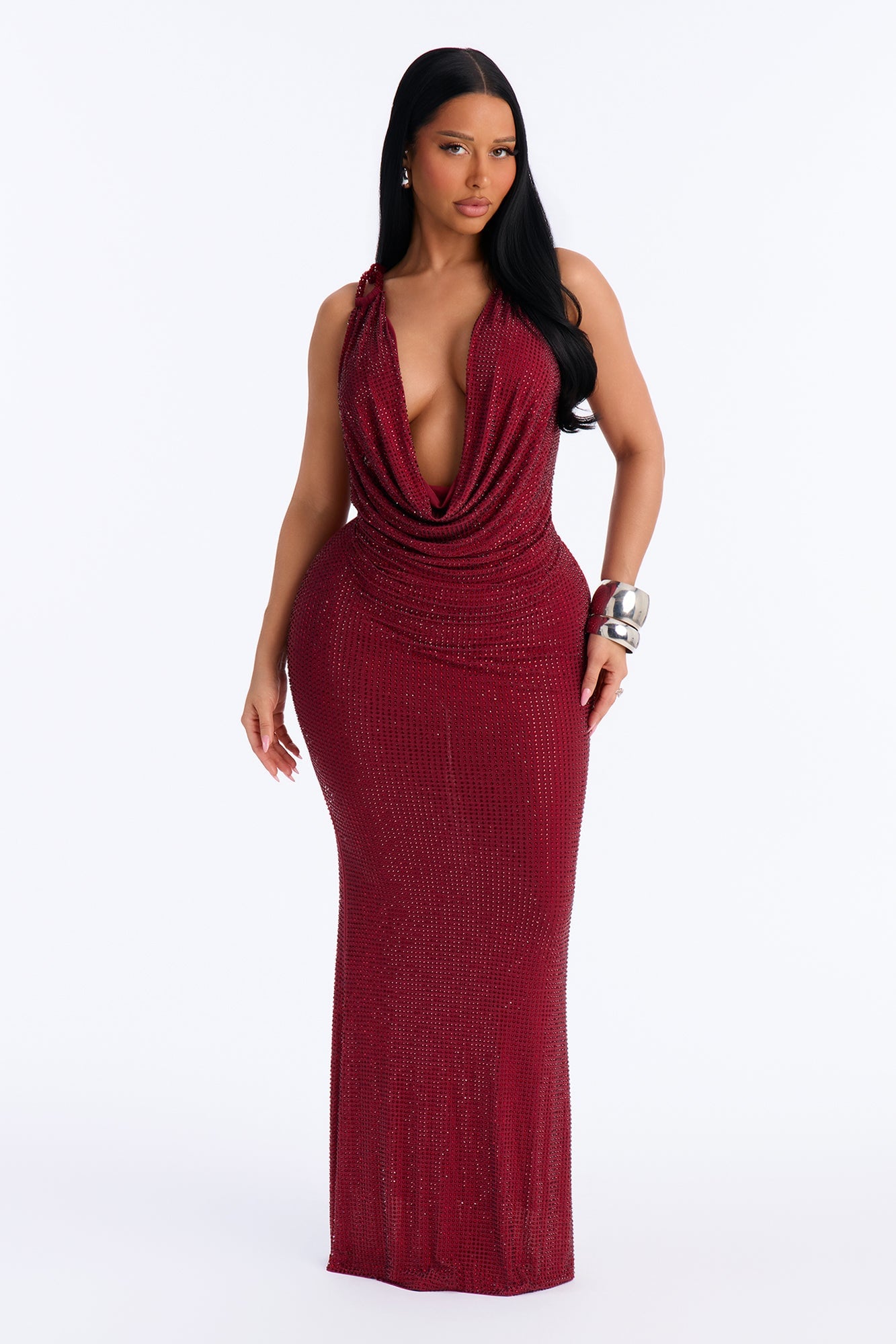 Sasha Rhinestone Cowl Neck Maxi Dress - DarkRed image 2