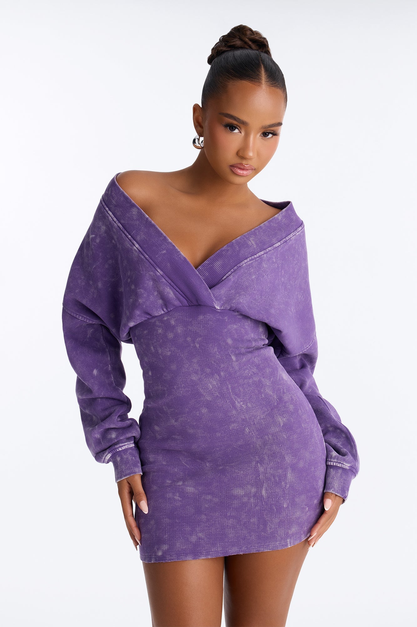 Amara Fleece Off Shoulder Sweatshirt Mini Dress - Purple image 5