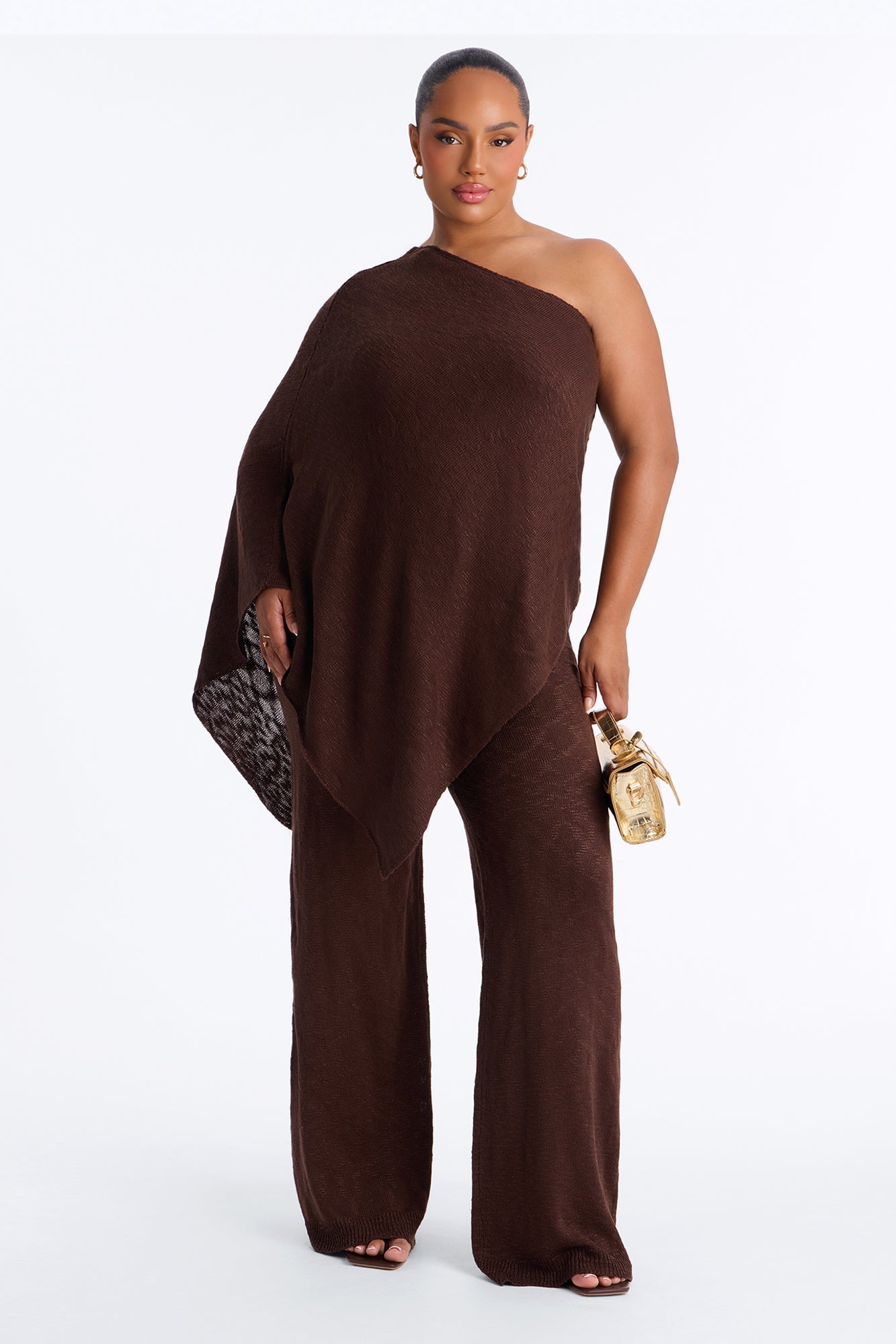 Solia One Shoulder Sweater Pant Set - Chocolate image 1