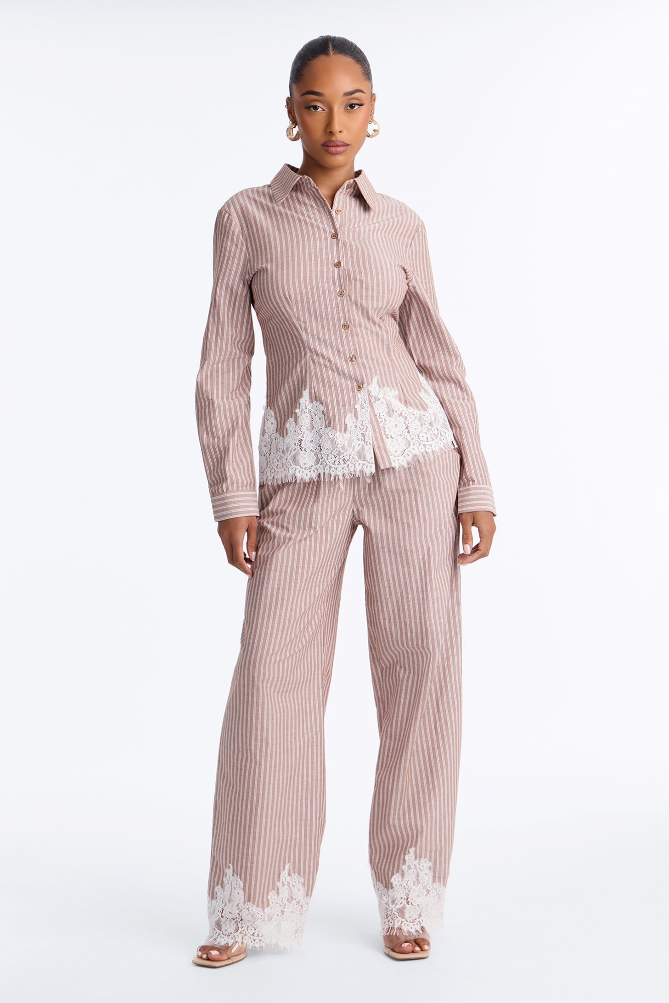 Maralyn Linen Lace Trim Pant Set - Mocha/combo image 1