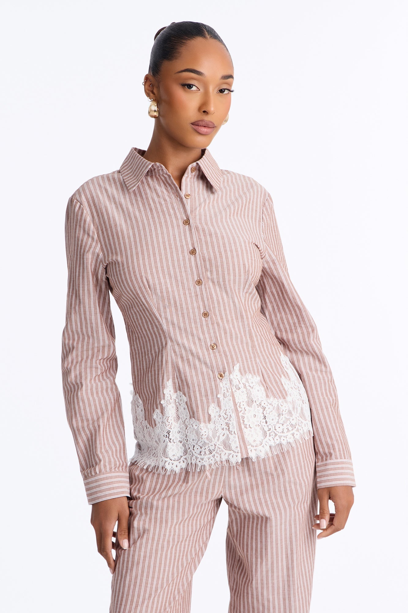 Maralyn Linen Lace Trim Pant Set - Mocha/combo image 2