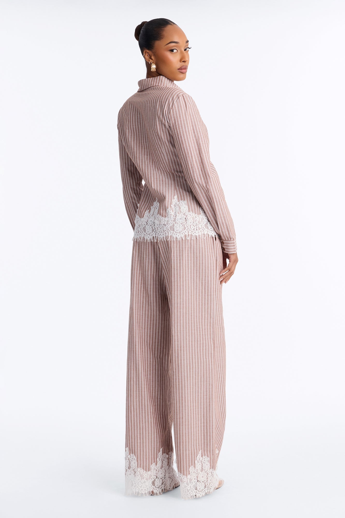 Maralyn Linen Lace Trim Pant Set - Mocha/combo image 4