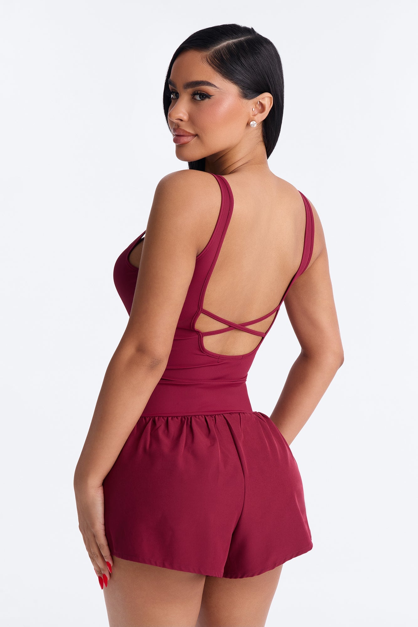 Tennis Court Baddie Sleeveless Windbreak Short Romper - Burgundy image 8