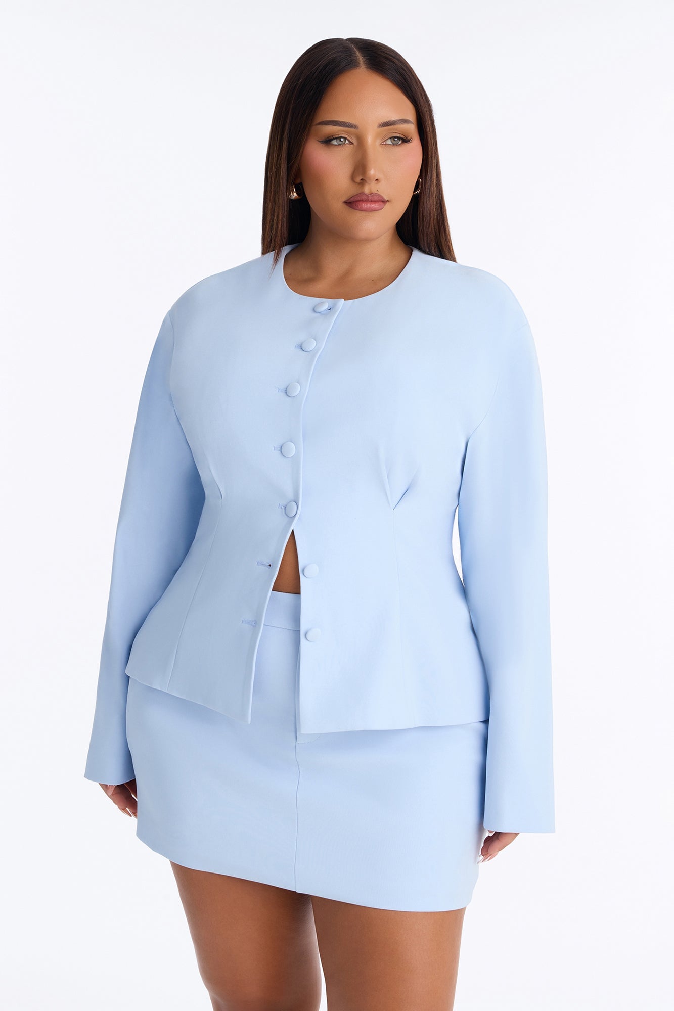 Happy Hour Fitted Waist Collarless Boxy Blazer - LightBlue image 1
