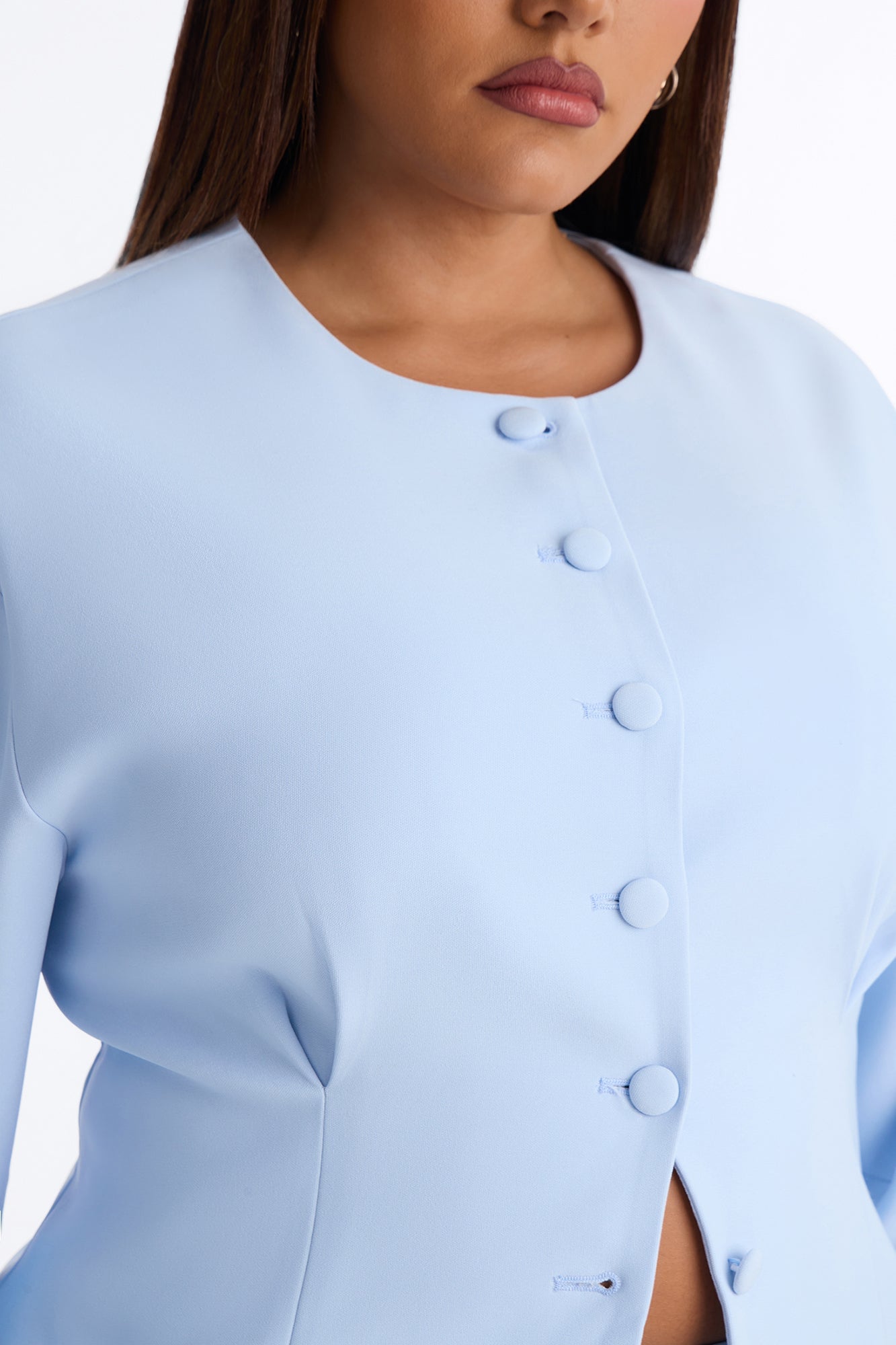 Happy Hour Fitted Waist Collarless Boxy Blazer - LightBlue image 3