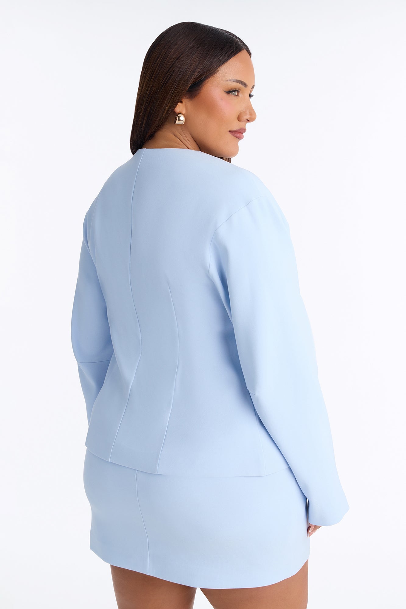 Happy Hour Fitted Waist Collarless Boxy Blazer - LightBlue image 4