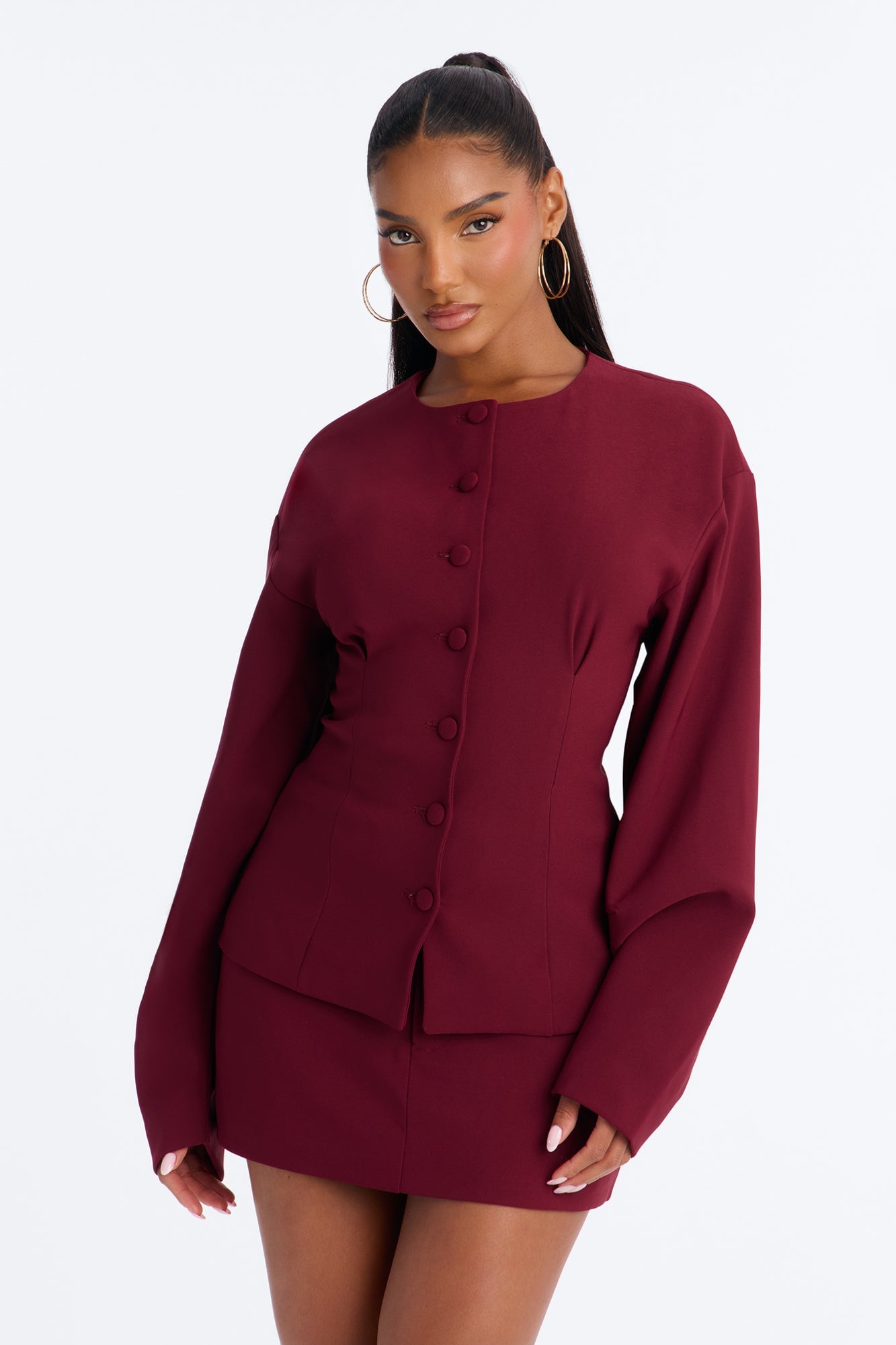 Happy Hour Fitted Waist Collarless Boxy Blazer - Wine image 8